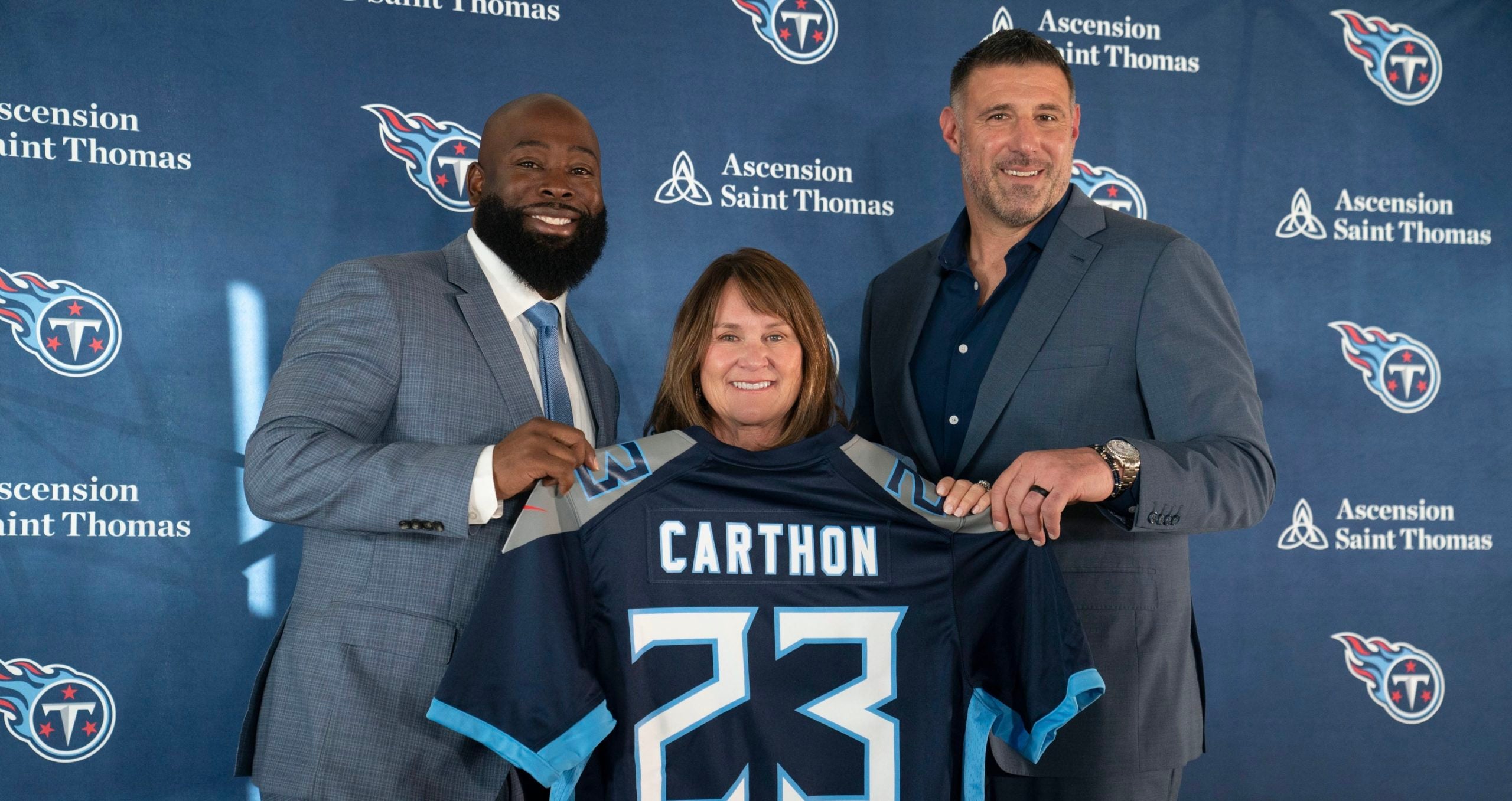 Tennessee Titans new general manager Ran Carthon poses with controlling owner Amy Adams Strunk and head coach Mike Vrabel during a press conference announcing Carthon's hiring at Ascension Saint Thomas Sports Park Friday, Jan. 20, 2023, in Nashville, Tenn. Nas Titans Carthon 010