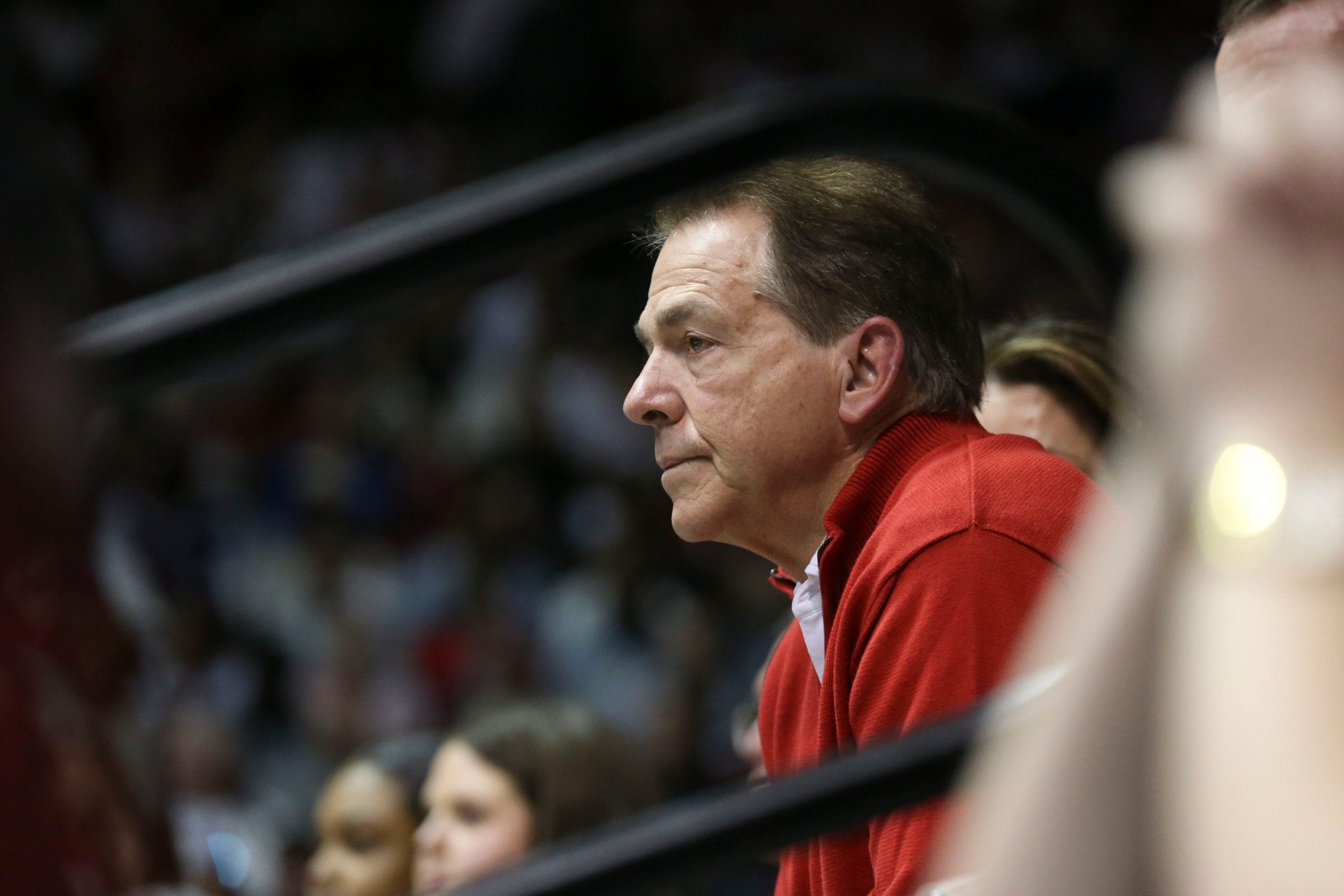 Jan 7, 2023; Tuscaloosa, AL, USA;  Alabama football coach Nick Saban watches the Crimson TideÕs game against Kentucky at Coleman Coliseum. Alabama defeated Kentucky 78-52. Ncaa Basketball Alabama Crimson Tide Vs Kentucky Wildcats
