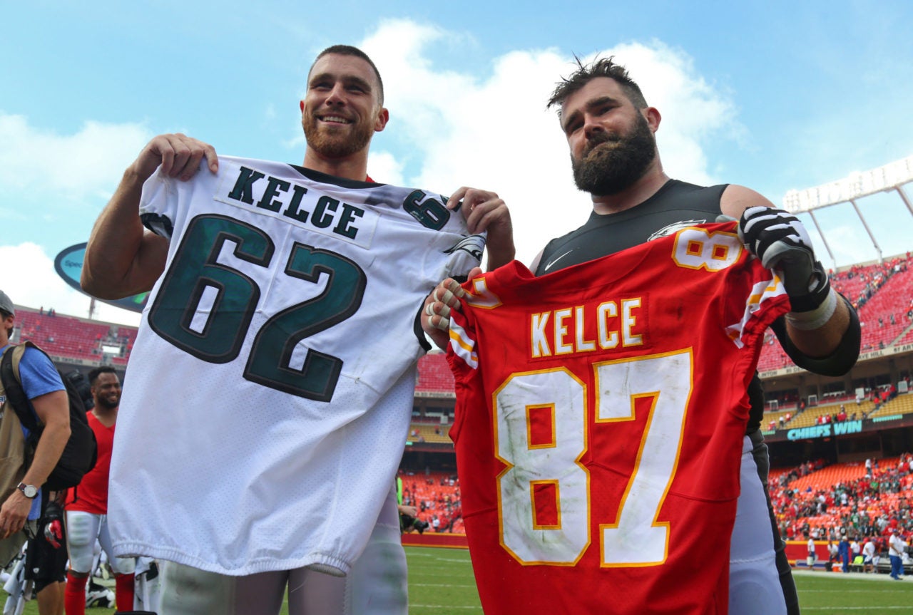 Philadelphia Eagles center Jason Kelce Kansas CIty Chiefs Travis Kelce Super Bowl LVII brothers bros NFL football stats news