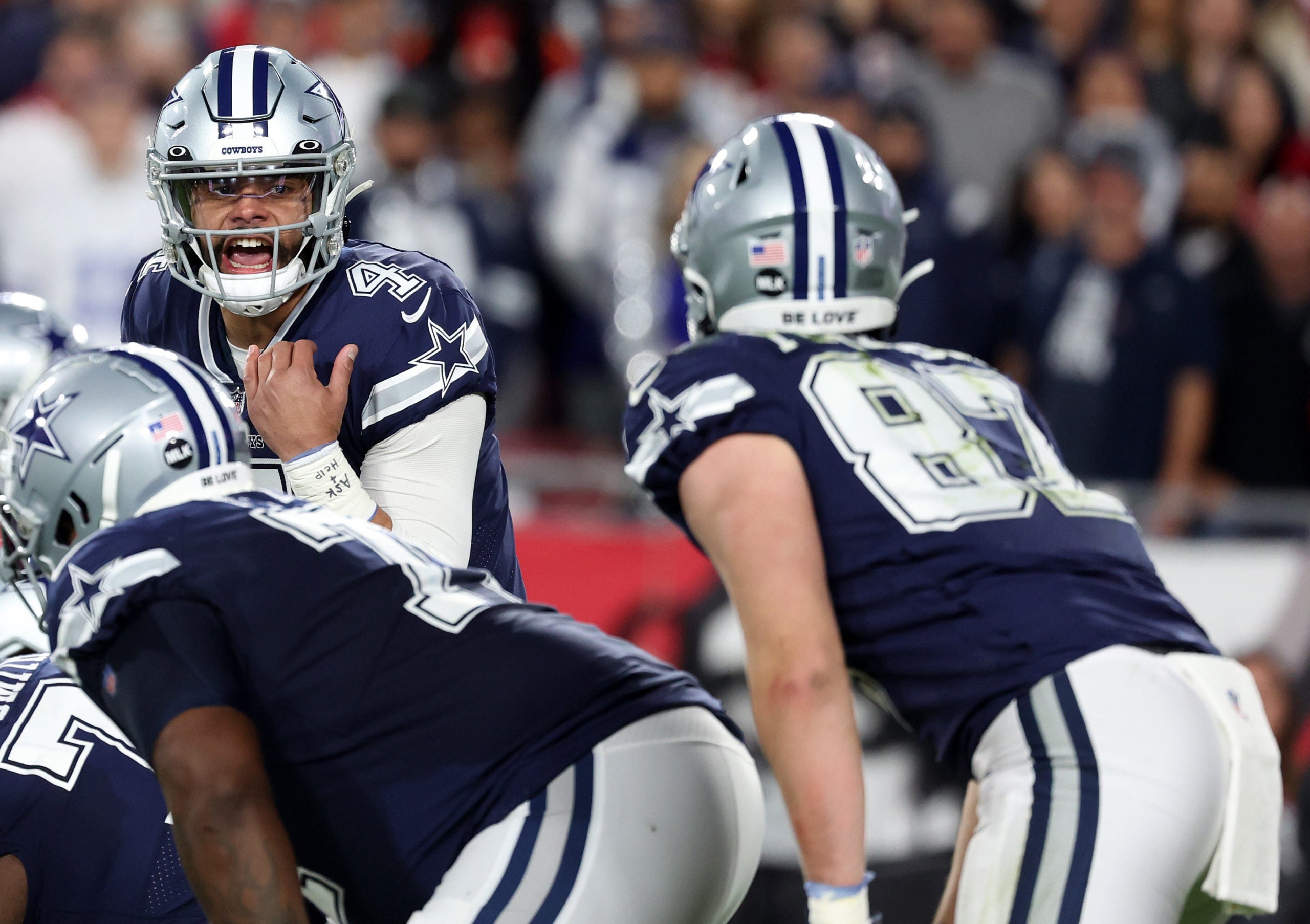 Jan 16, 2023; Tampa, Florida, USA; Dallas Cowboys quarterback Dak Prescott (4) in the first half during the wild card game against the Tampa Bay Buccaneers at Raymond James Stadium. Mandatory Credit: Kim Klement-USA TODAY Sports