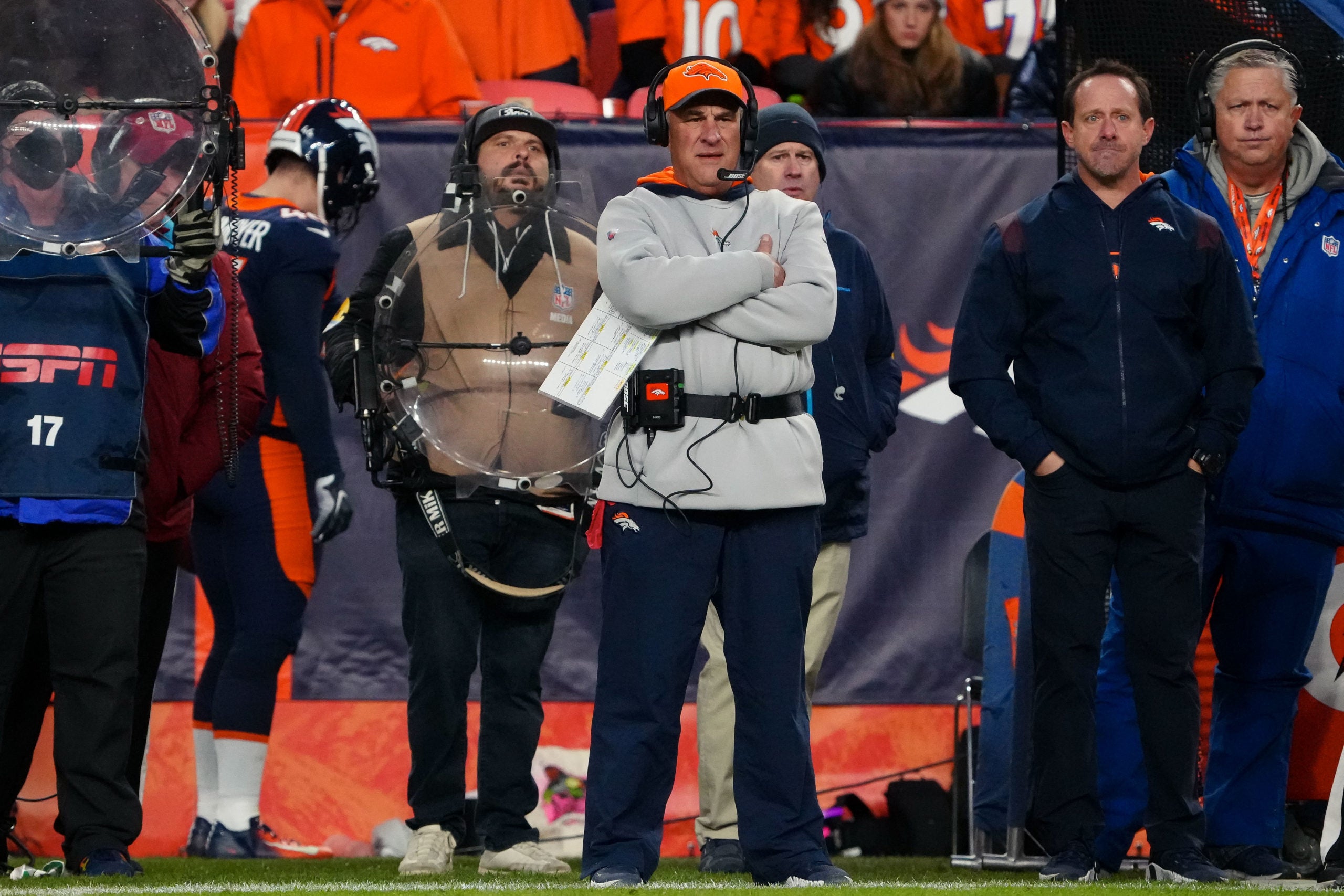 Jan 8, 2022; Denver, Colorado, USA; Denver Broncos head coach Vic Fangio looks on from the sideline in the fourth quarter against the Kansas City Chiefs at Empower Field at Mile High. Mandatory Credit: Ron Chenoy-USA TODAY Sports