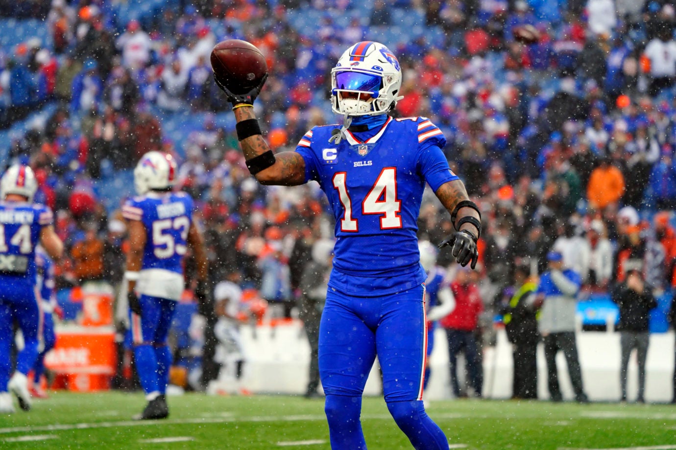 Jan 22, 2023; Orchard Park, New York, USA; Buffalo Bills wide receiver Stefon Diggs (14) during warmups before an AFC divisional round game between the Buffalo Bills and the Cincinnati Bengals at Highmark Stadium. Mandatory Credit: Gregory Fisher-USA TODAY Sports