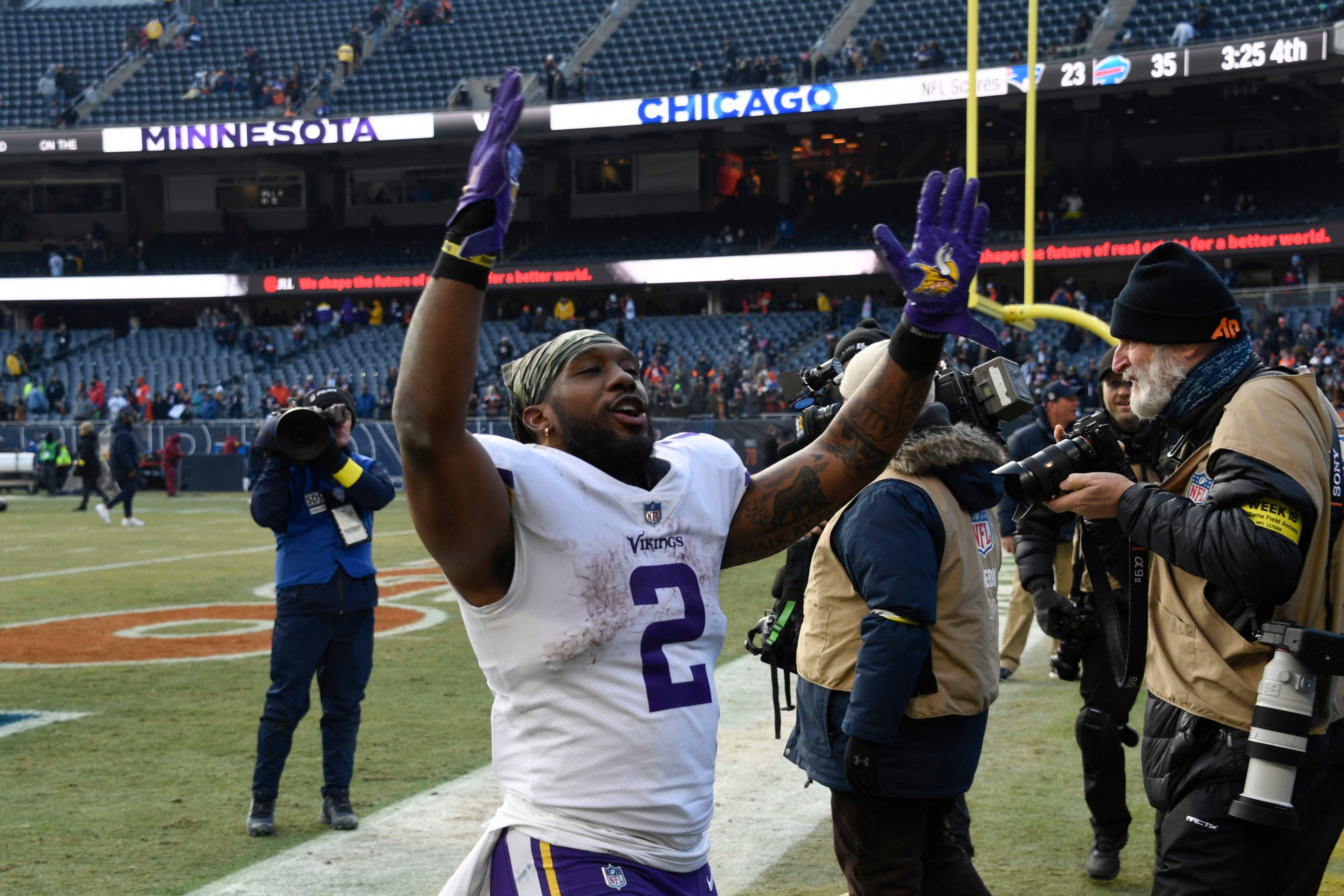 Jan 8, 2023; Chicago, Illinois, USA;  Minnesota Vikings running back Alexander Mattison (2) greets fans after the game against the Chicago Bears at Soldier Field. Mandatory Credit: Matt Marton-USA TODAY Sports