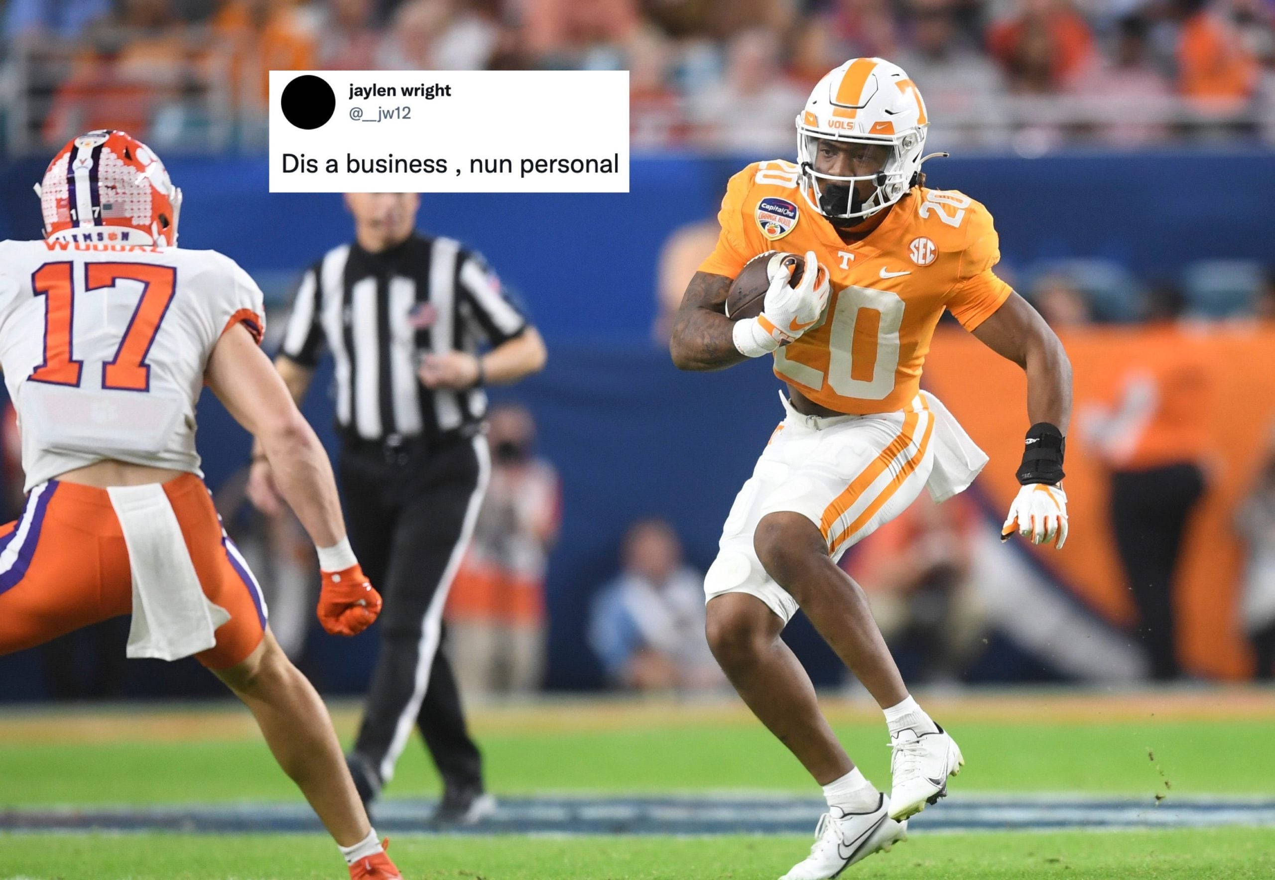 Tennessee running back Jaylen Wright (20) runs the ball during the first half of the Orange Bowl game between the Tennessee Vols and Clemson Tigers at Hard Rock Stadium in Miami Gardens, Fla. on Friday, Dec. 30, 2022. Orangebowl1230 1575
