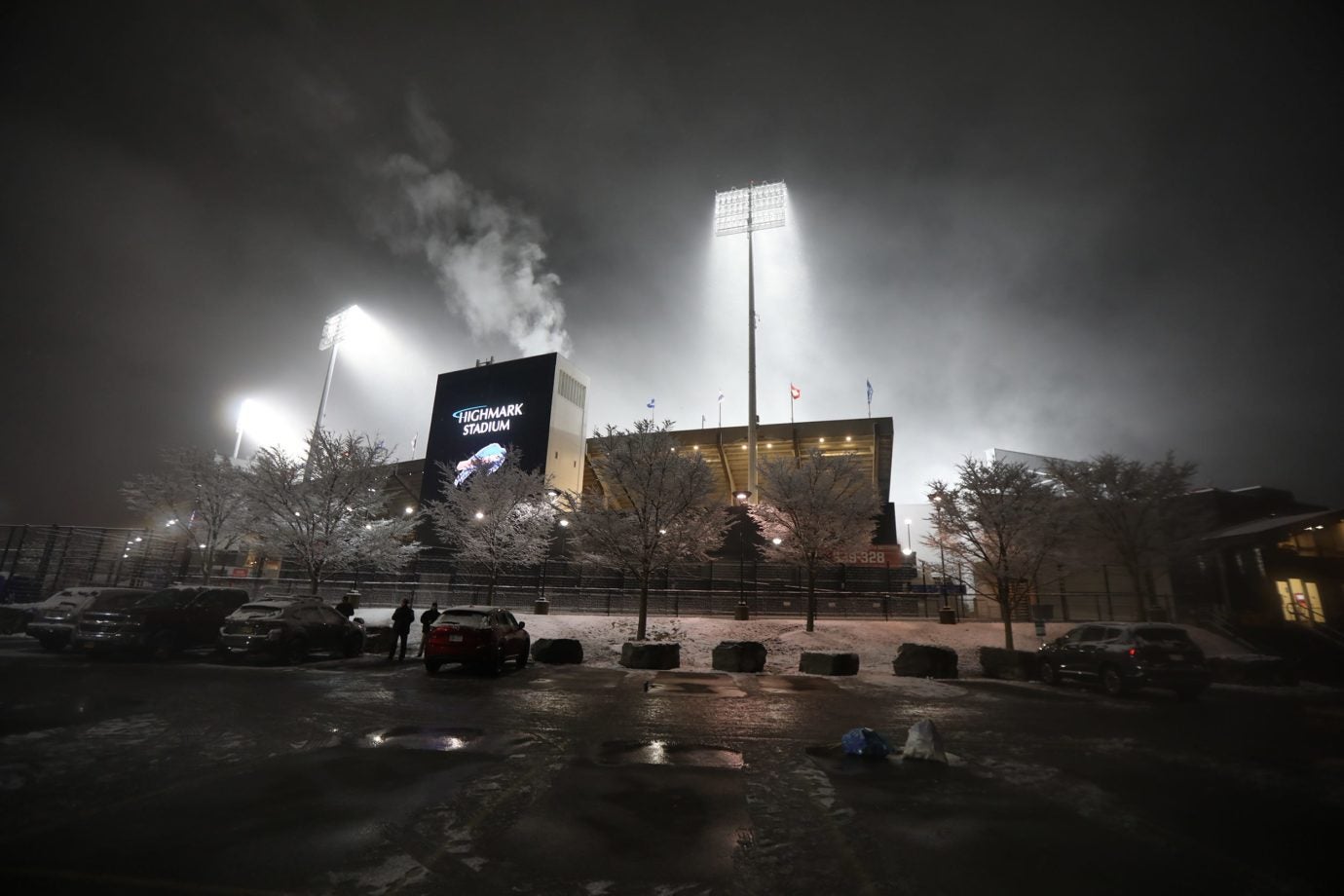 Highmark Stadium remains lit hours after the Buffalo Bills season was wrapped up with their home loss to the Cincinnati Bengals in Orchard Park on Jan. 22. Highmark Stadium Lit At Night