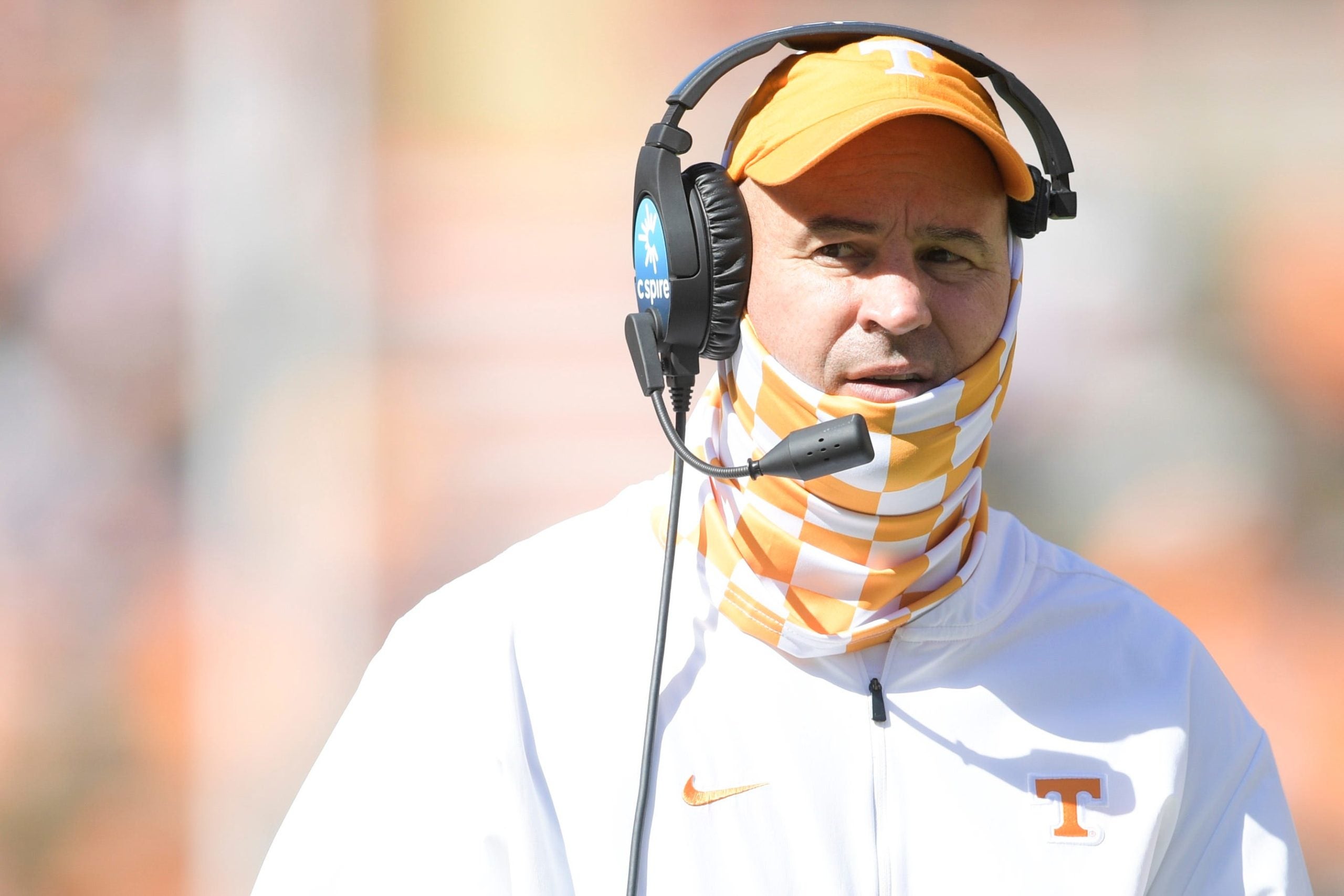 Oct 3, 2020; Knoxville, TN, USA; Tennessee head coach Jeremy Pruitt walks down the sideline during a game between Tennessee and Missouri at Neyland Stadium in Knoxville, Tenn. on Saturday, Oct. 3, 2020.  Mandatory Credit:  Calvin Mattheis-USA TODAY NETWORK