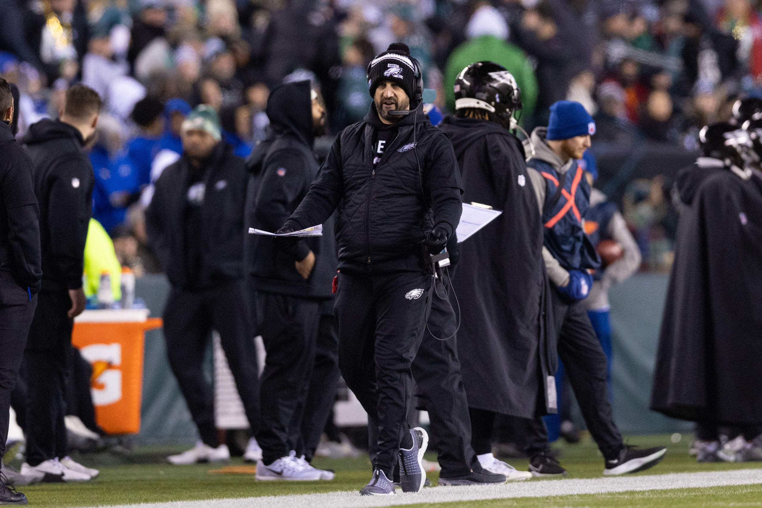 Jan 8, 2023; Philadelphia, Pennsylvania, USA; Philadelphia Eagles head coach Nick Sirianni during the third quarter against the New York Giants at Lincoln Financial Field. Mandatory Credit: Bill Streicher-USA TODAY Sports
