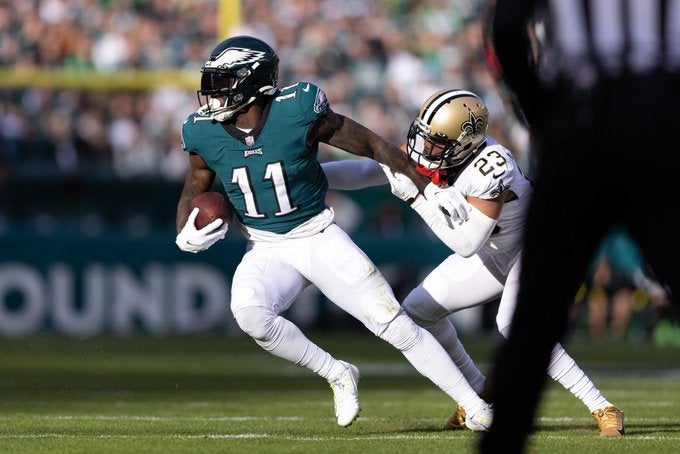 Philadelphia Eagles Gardner minshew interception INT pick six A.J. Brown marshon Lattimore nfl football stats news offense defense