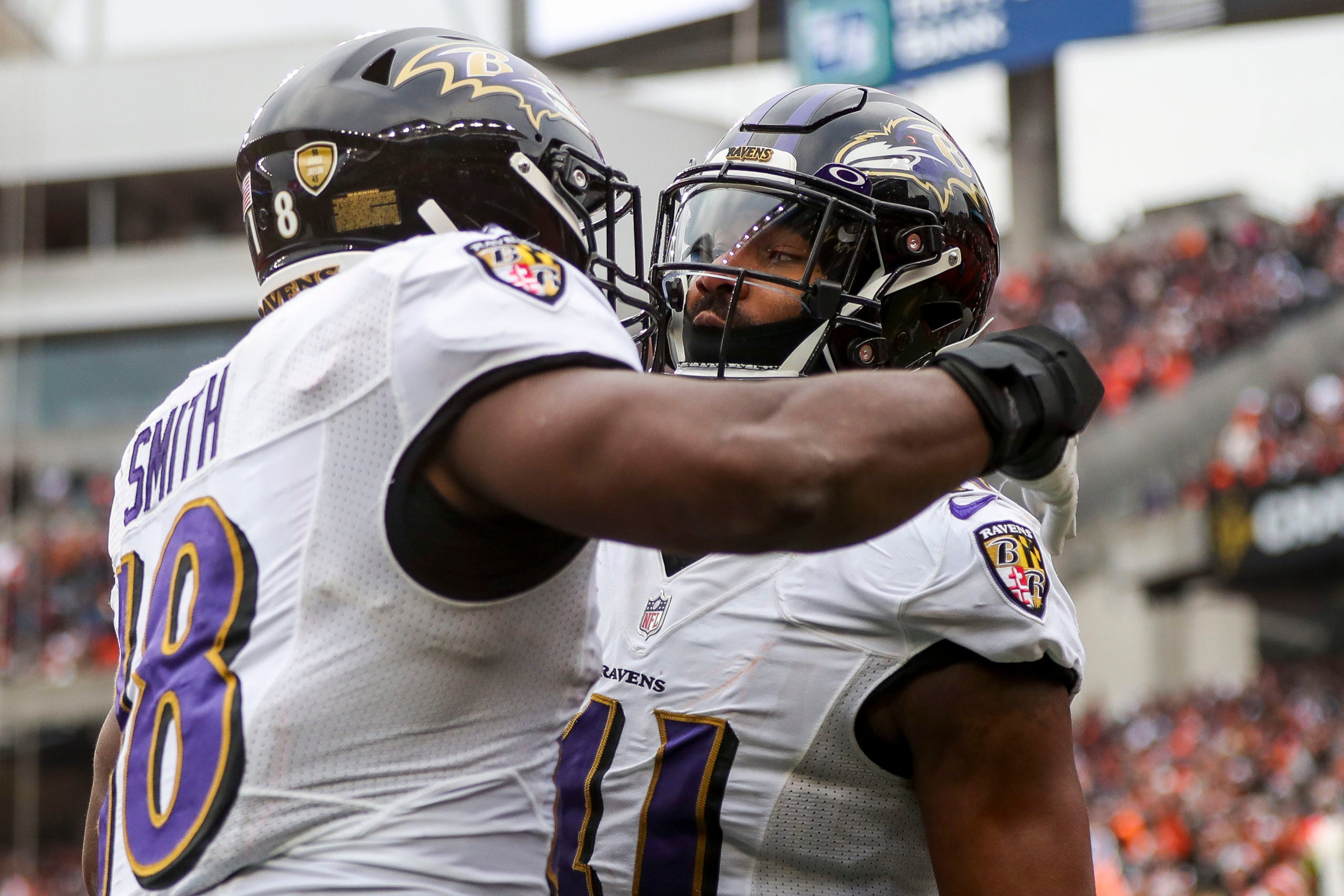 Jan 8, 2023; Cincinnati, Ohio, USA; Baltimore Ravens cornerback Daryl Worley (41) reacts with linebacker Roquan Smith (18) after breaking up a pass intended for Cincinnati Bengals wide receiver Ja'Marr Chase (not pictured) in the second half at Paycor Stadium. Mandatory Credit: Katie Stratman-USA TODAY Sports