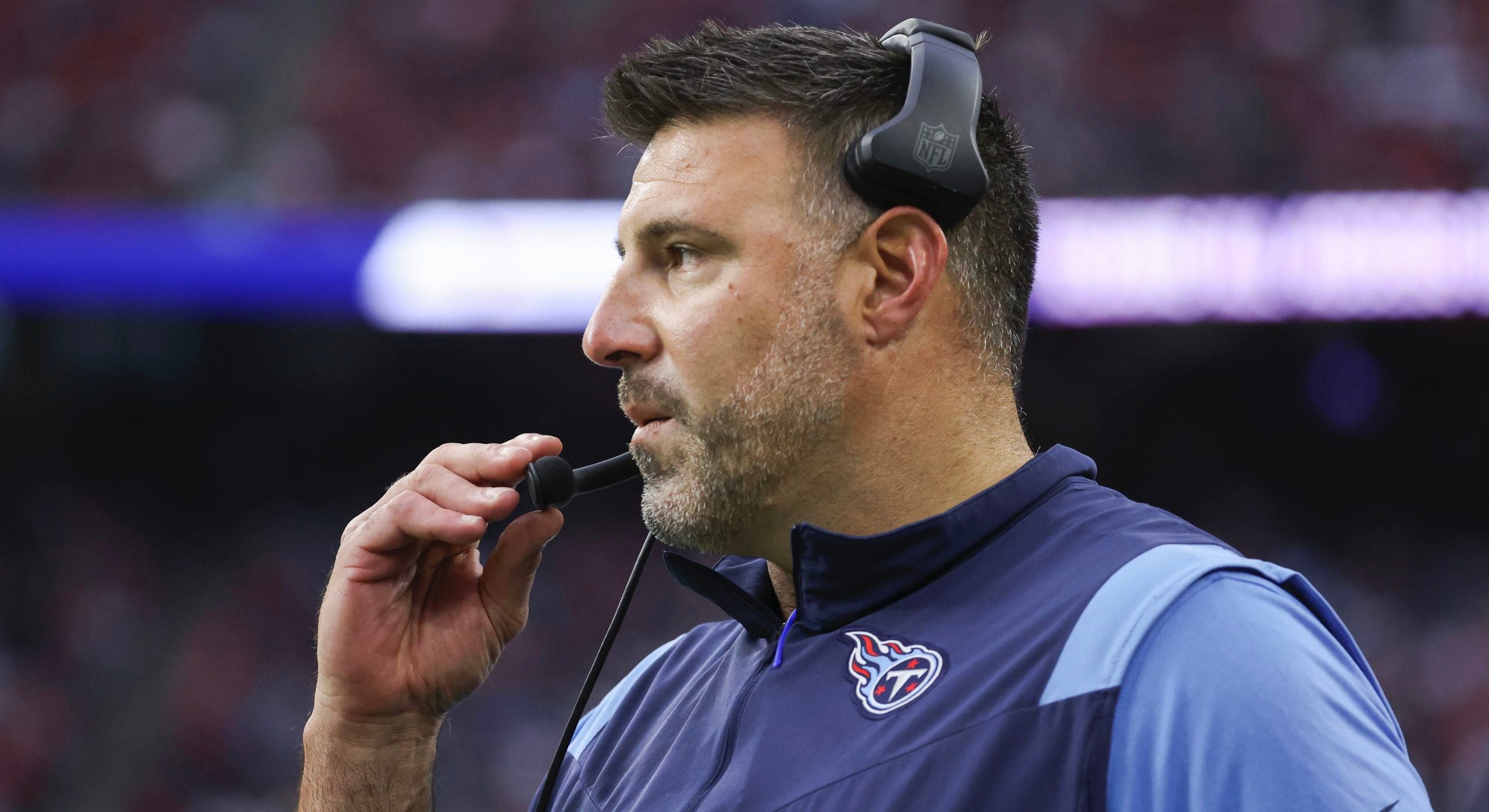 Oct 30, 2022; Houston, Texas, USA; Tennessee Titans head coach Mike Vrabel looks on during the second quarter against the Houston Texans at NRG Stadium. Mandatory Credit: Troy Taormina-USA TODAY Sports
