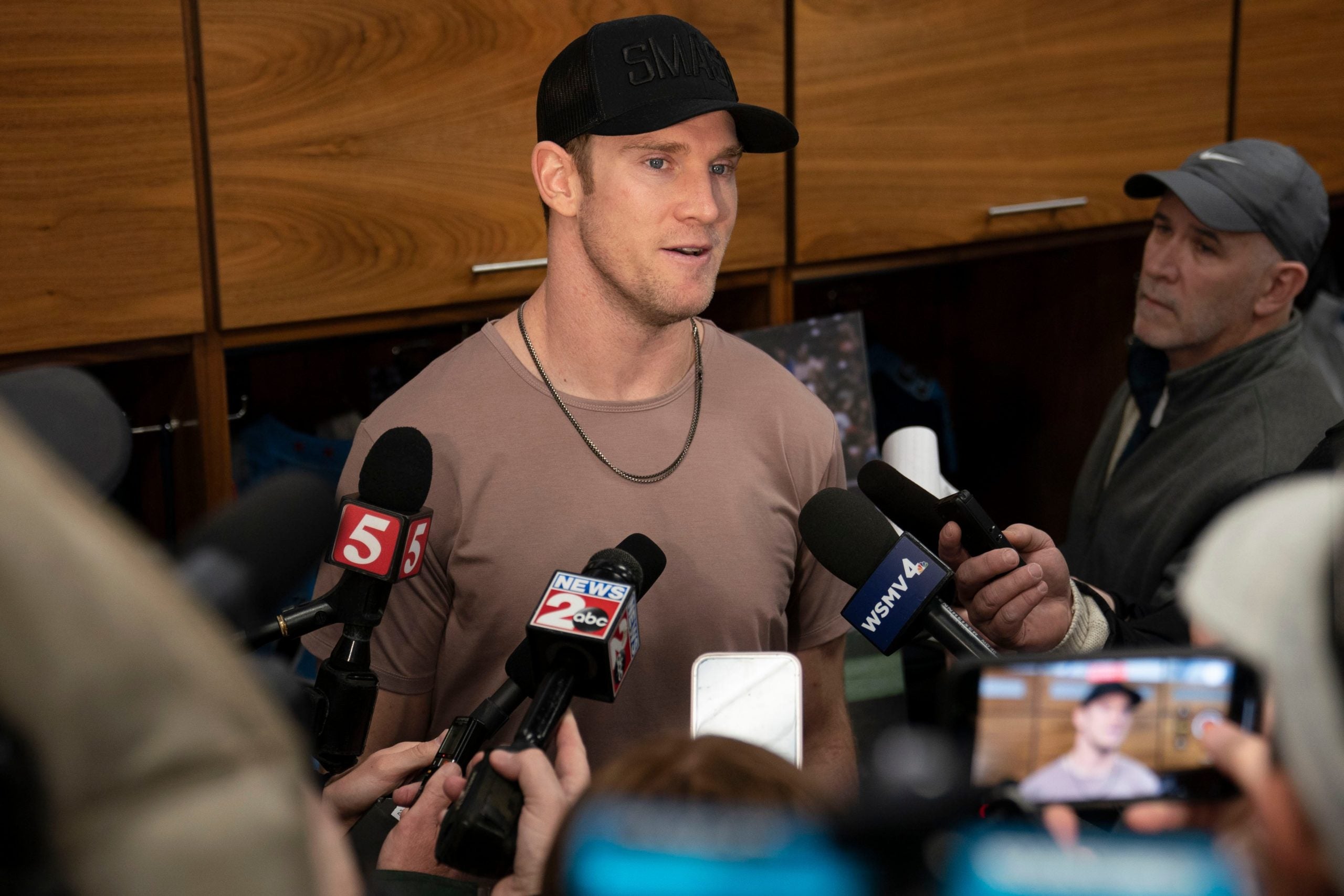 Tennessee Titans quarterback Ryan Tannehill responds to questions from the media as he and teammates clean out their lockers at Saint Thomas Sports Park Monday, Jan. 9, 2023, in Nashville, Tenn. The Tennessee Titans finished the 2022 season with 7 wins and 10 losses, missing the playoffs. Nas Titans Locker Cleanout 012