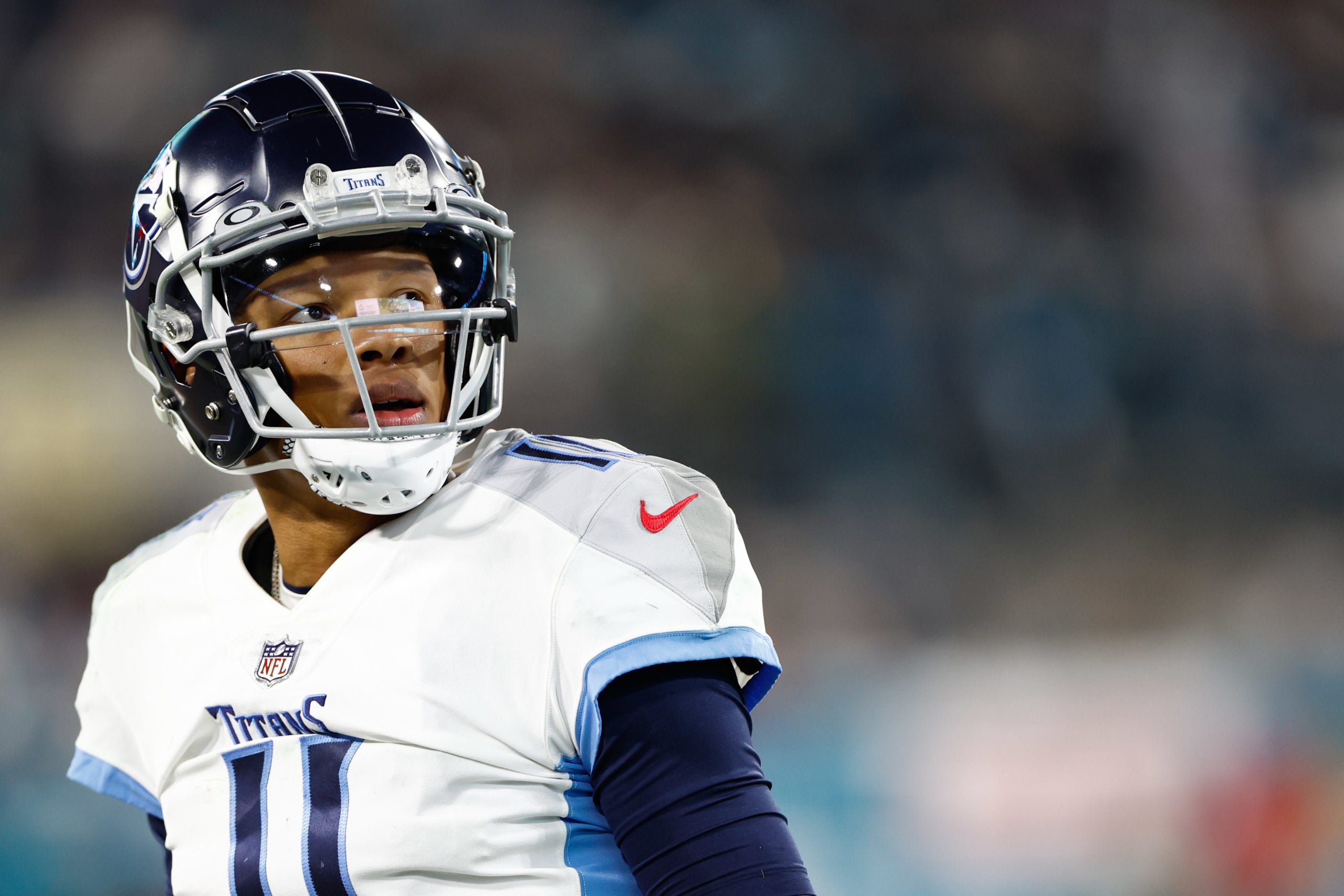 Jan 7, 2023;  Jacksonville, Florida, USA; Tennessee Titans quarterback Joshua Dobbs (11) reacts against the Jacksonville Jaguars during the fourth quarter at TIAA Bank Field. Mandatory Credit: Douglas DeFelice-USA TODAY Sports