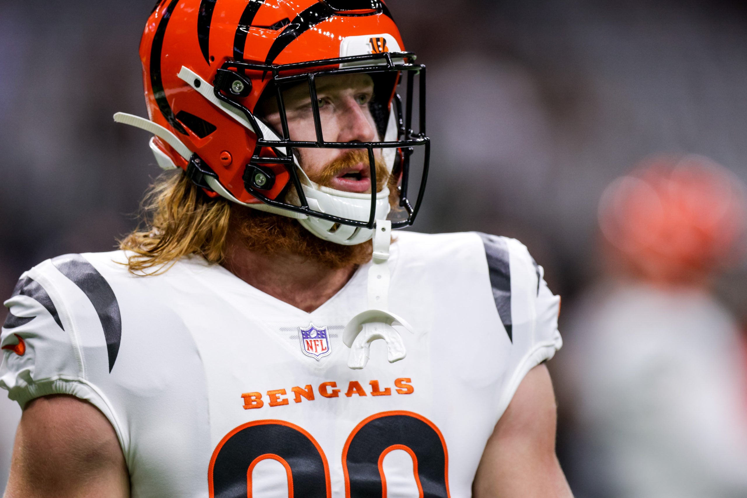 Oct 16, 2022; New Orleans, Louisiana, USA; Cincinnati Bengals tight end Hayden Hurst (88) warm ups before the game against the New Orleans Saints at Caesars Superdome. Mandatory Credit: Stephen Lew-USA TODAY Sports