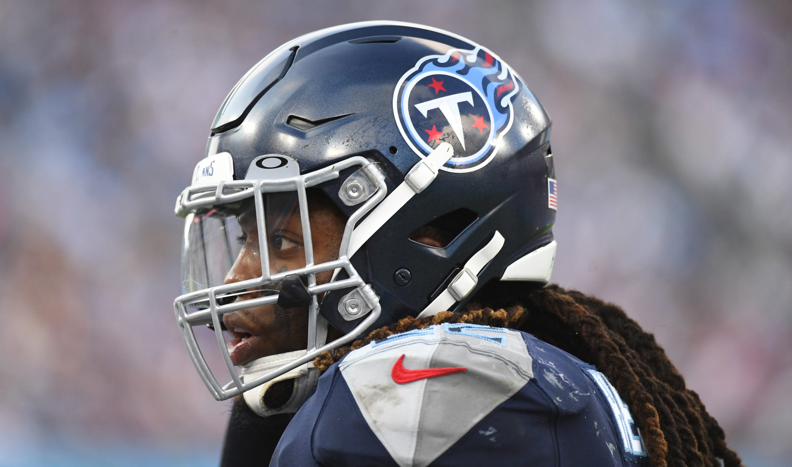 Sep 11, 2022; Nashville, Tennessee, USA; Tennessee Titans running back Derrick Henry (22) leaves the field after a stop by the New York Giants during the second half at Nissan Stadium. Mandatory Credit: Christopher Hanewinckel-USA TODAY Sports