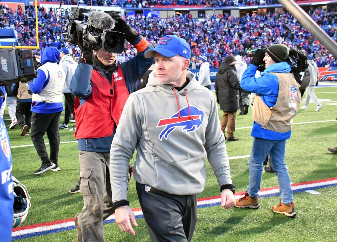 Jan 15, 2023; Orchard Park, NY, USA; Buffalo Bills head coach Sean McDermott walks off the field after defeating the Miami Dolphins in a NFL wild card game at Highmark Stadium. Mandatory Credit: Mark Konezny-USA TODAY Sports
