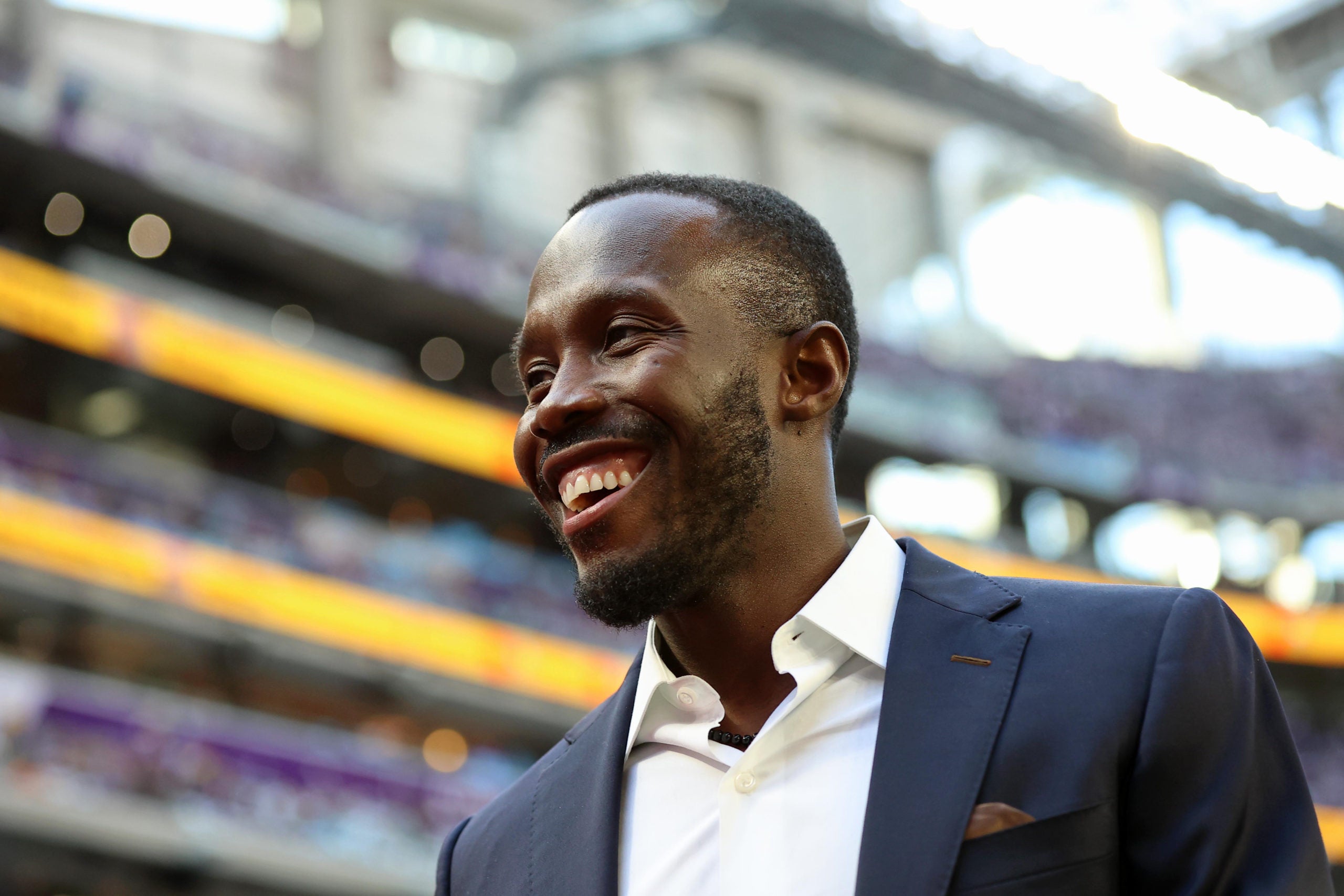 Jan 15, 2023; Minneapolis, Minnesota, USA; Minnesota Vikings general manager Kwesi Adofo-Mensah looks on before a wild card game between the Minnesota Vikings and the New York Giants at U.S. Bank Stadium. Mandatory Credit: Matt Krohn-USA TODAY Sports