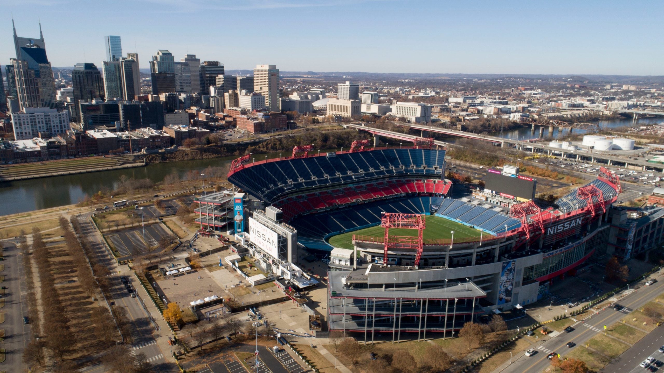 Nissan Stadium is seen across the Cumberland River from downtown Nashville, Tenn., on Dec. 8, 2021. River Project 054