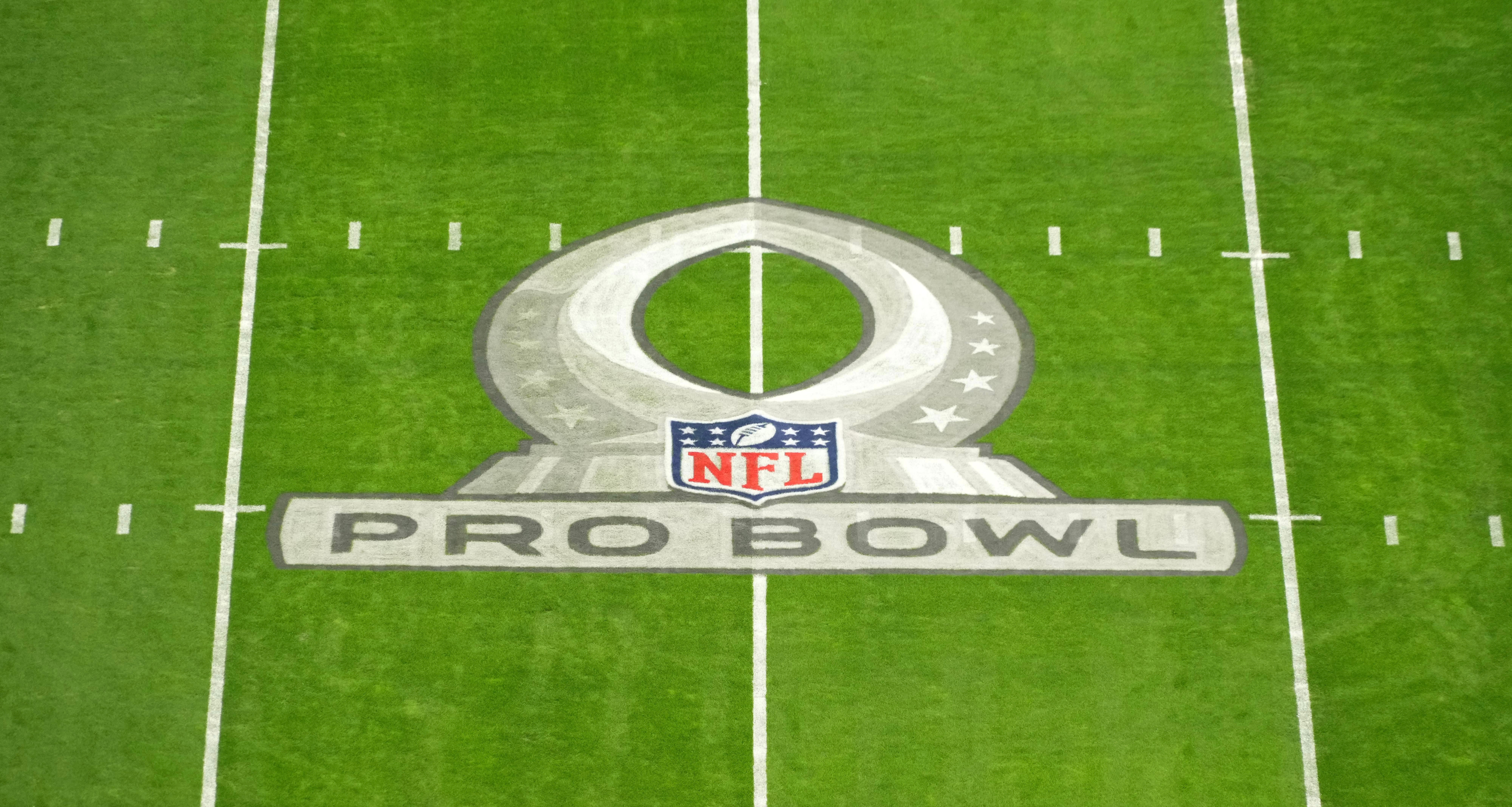 Feb 6, 2022; Paradise, Nevada, USA; The Pro Bowl logo is seen on the field before the game at Allegiant Stadium. Mandatory Credit: Kirby Lee-USA TODAY Sports