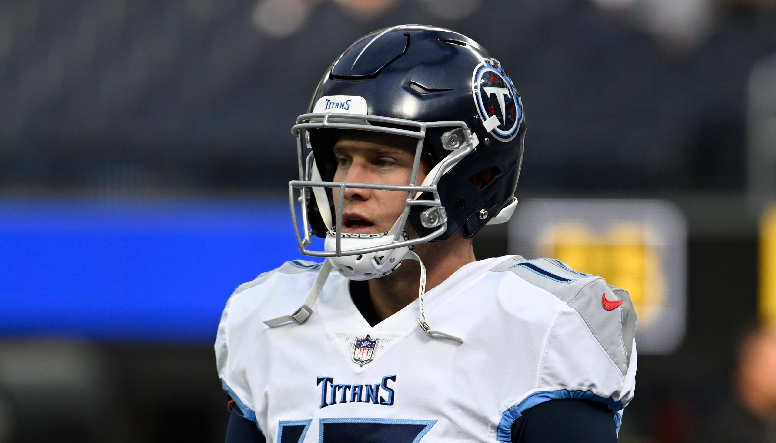 Dec 18, 2022; Inglewood, California, USA; Tennessee Titans quarterback Ryan Tannehill (17) during pregame warmups before an NFL game against the Los Angeles Chargers at SoFi Stadium. Mandatory Credit: Robert Hanashiro-USA TODAY Sports
