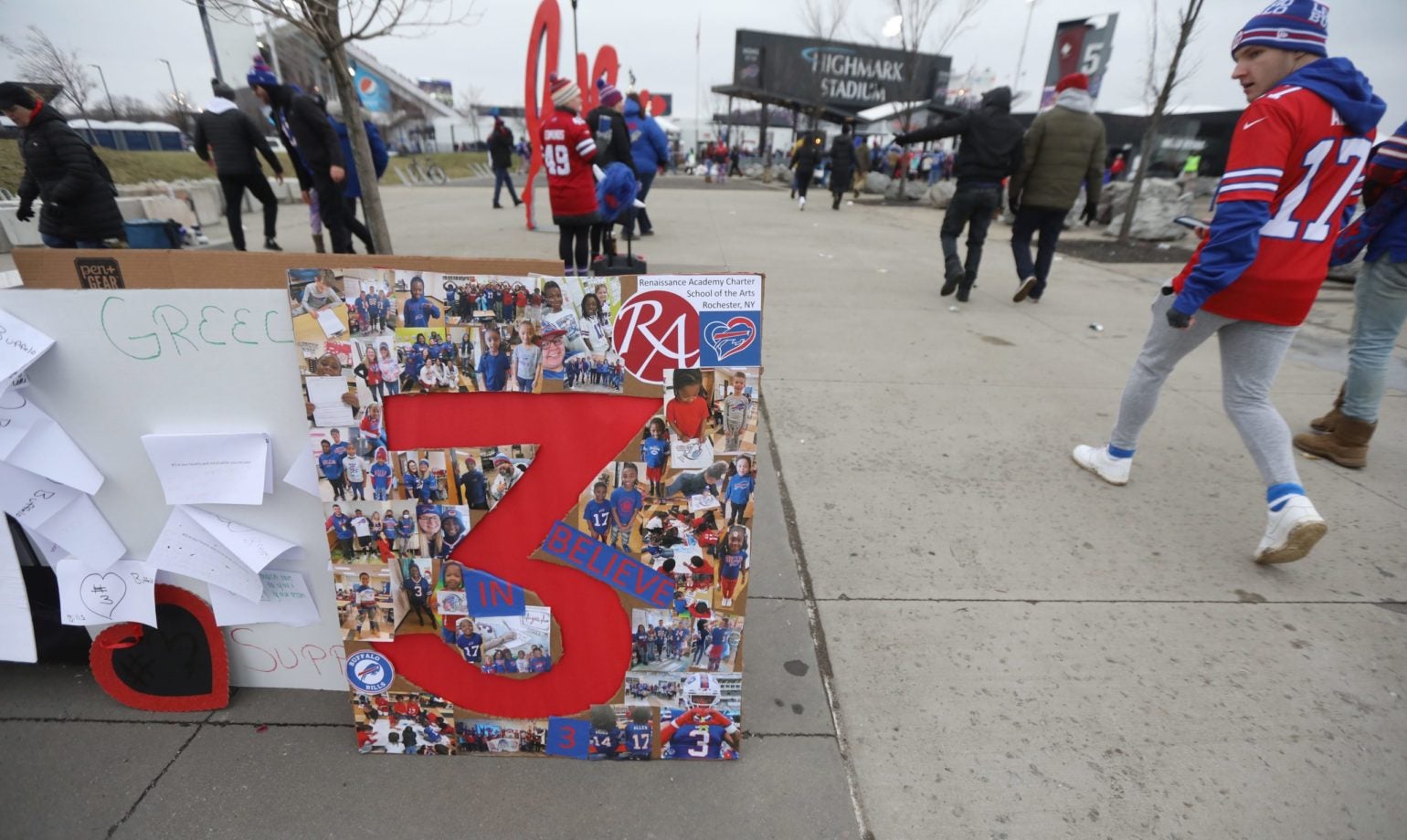 A sign of support for Buffalo Bills injured player, Damar Hamlin, umber 3, was left at the Ralph Wilson statue at Highmark Stadium in Orchard Park, NY on Jan. 8, 2023. Ty 010823 Bills Damar Sign