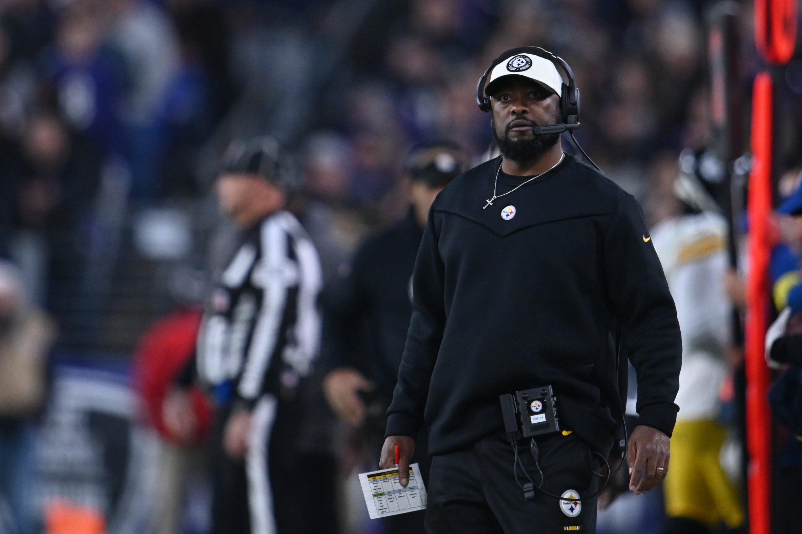 Jan 1, 2023; Baltimore, Maryland, USA;  Pittsburgh Steelers head coach Mike Tomlin during the first quarter against the Baltimore Ravens at M&T Bank Stadium. Mandatory Credit: Tommy Gilligan-USA TODAY Sports