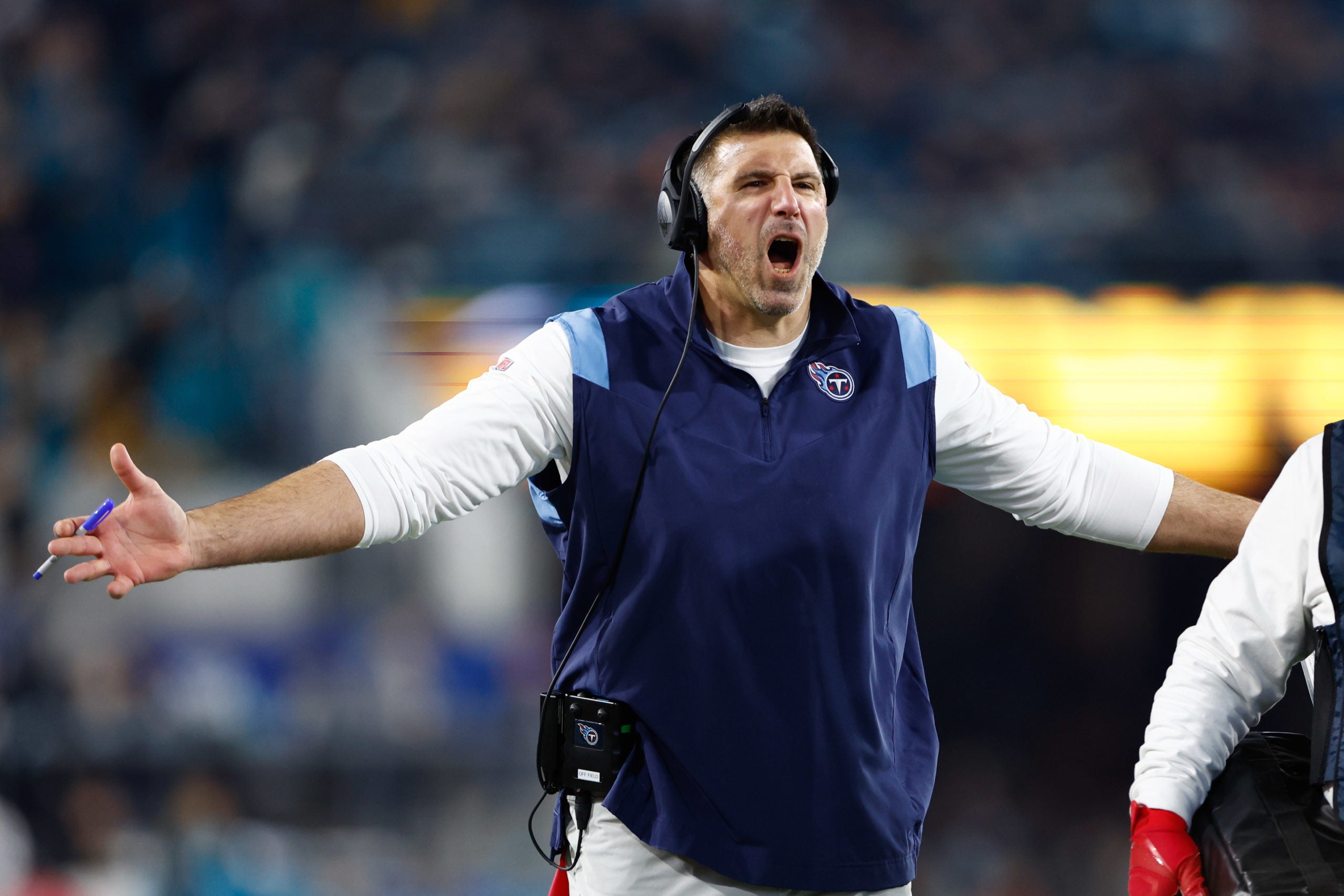 Jan 7, 2023;  Jacksonville, Florida, USA; Tennessee Titans head coach Mike Vrabel reacts against the Jacksonville Jaguars during the third quarter at TIAA Bank Field. Mandatory Credit: Douglas DeFelice-USA TODAY Sports