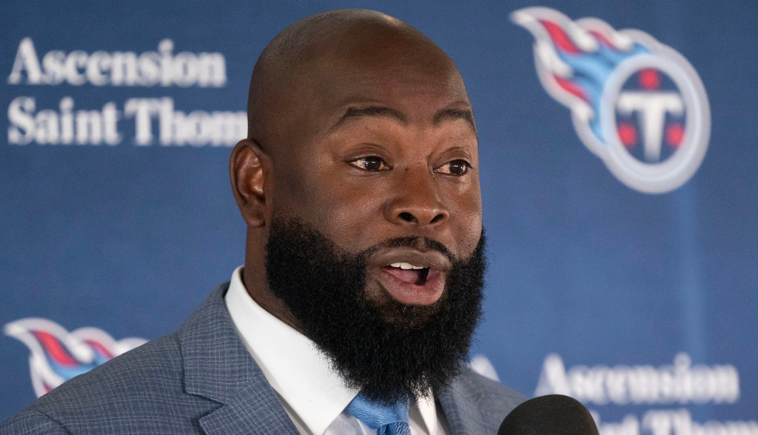 Tennessee Titans new general manager Ran Carthon responds to questions during his introductory press conference at Ascension Saint Thomas Sports Park Friday, Jan. 20, 2023, in Nashville, Tenn. Nas Titans Carthon 032