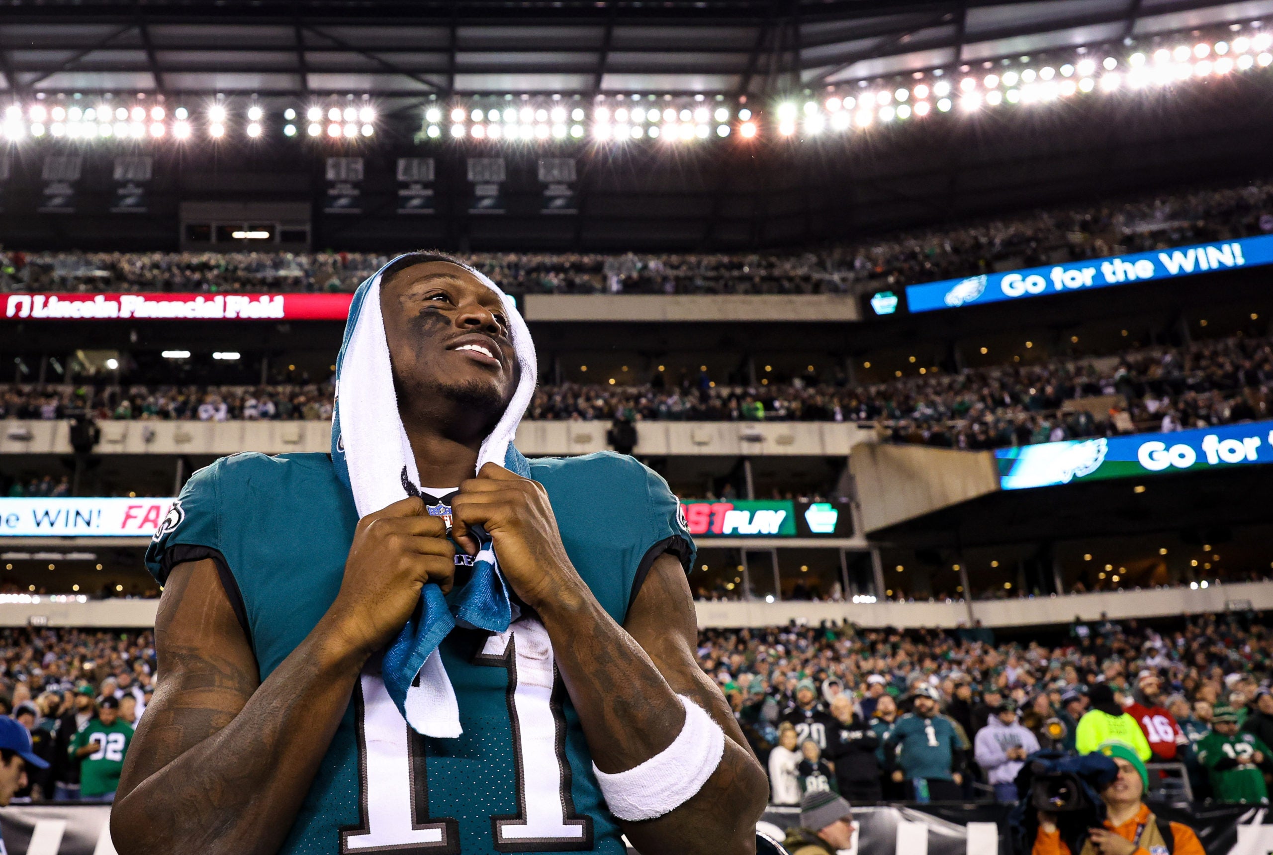 A.J. Brown smiles as the Eagles win the NFC Championship over the 49ers.