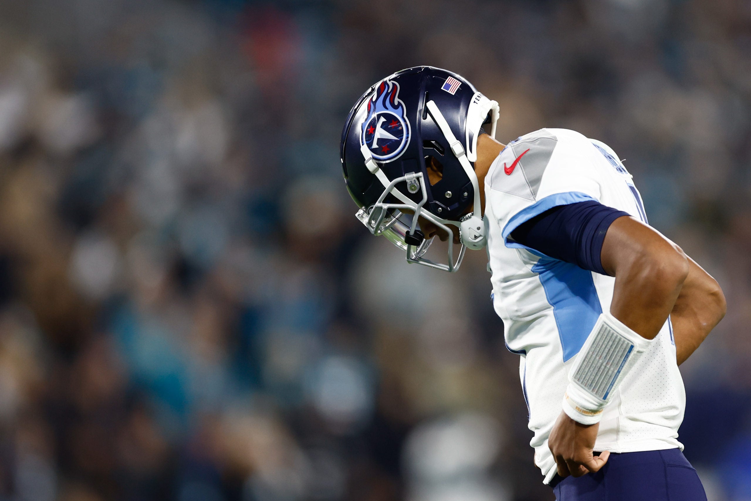 Jan 7, 2023;  Jacksonville, Florida, USA; Tennessee Titans quarterback Joshua Dobbs (11) looks on against the Jacksonville Jaguars during the third quarter at TIAA Bank Field. Mandatory Credit: Douglas DeFelice-USA TODAY Sports