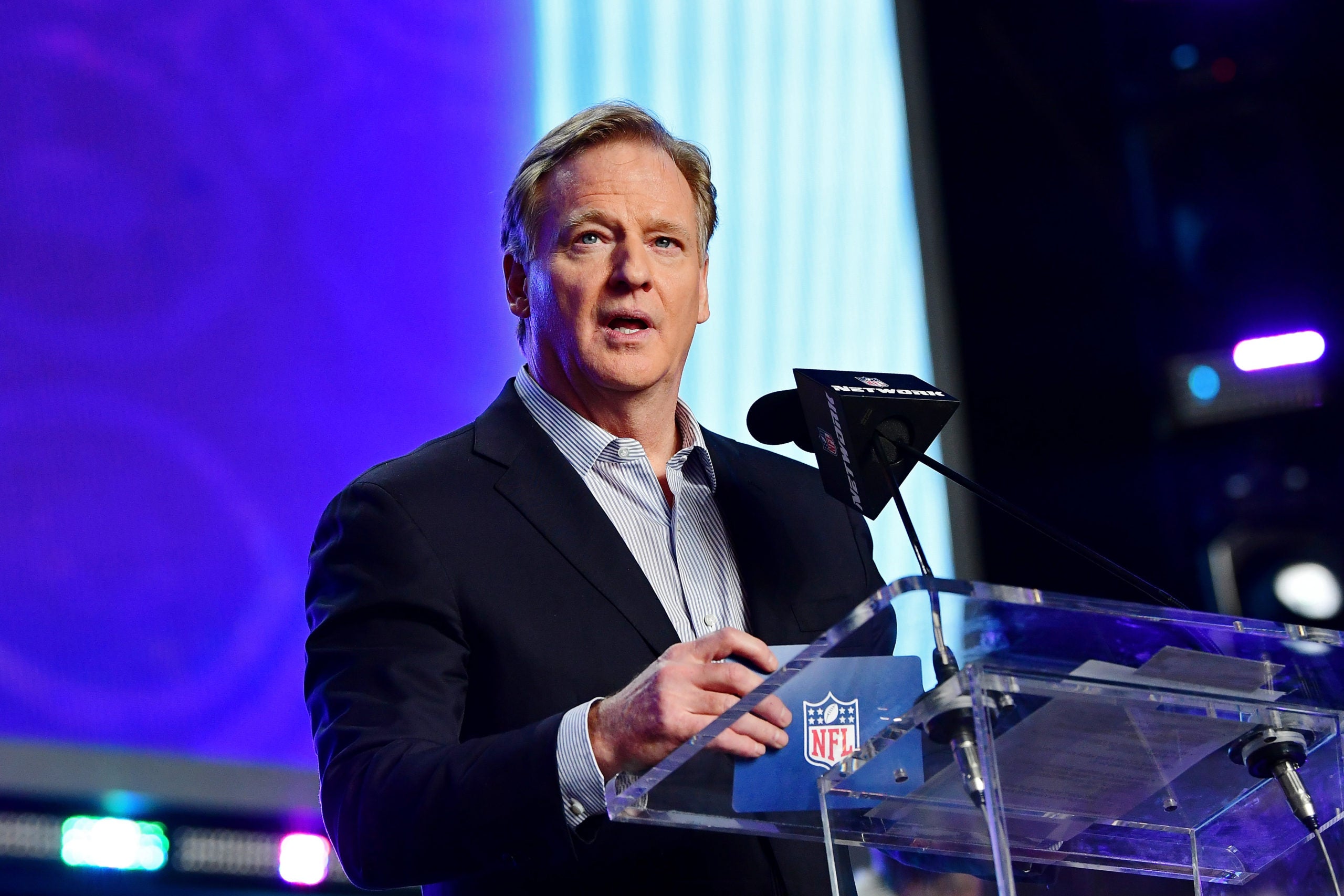 Apr 28, 2022; Las Vegas, NV, USA; NFL commissioner Roger Goodell talks before the first round of the 2022 NFL Draft at the NFL Draft Theater. Mandatory Credit: Gary Vasquez-USA TODAY Sports
