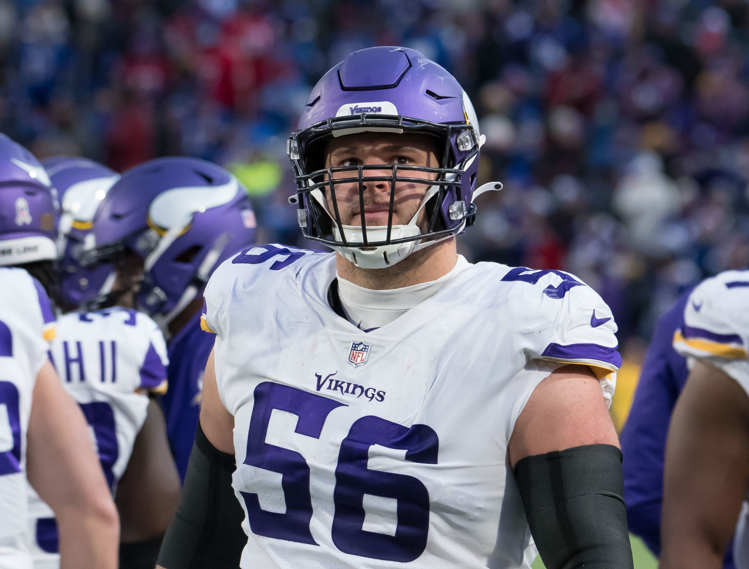 Nov 13, 2022; Orchard Park, New York, USA; Minnesota Vikings center Garrett Bradbury (56) on the sidelines during a game against the Buffalo Bills at Highmark Stadium. Mandatory Credit: Mark Konezny-USA TODAY Sports