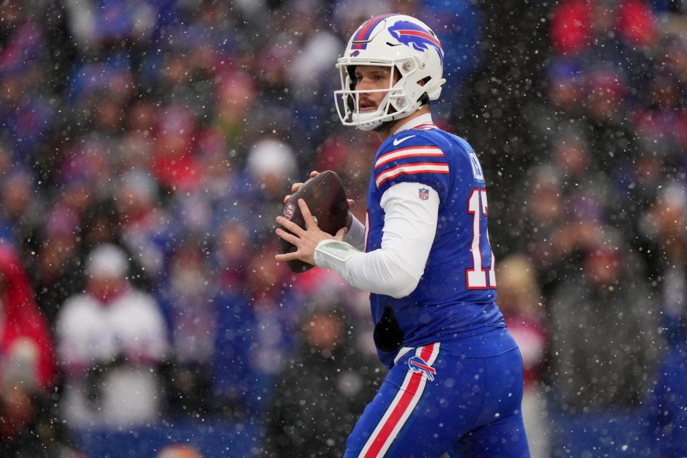 Buffalo Bills quarterback Josh Allen (17) looks to throw in the first quarter during an NFL divisional playoff football game between the Cincinnati Bengals and the Buffalo Bills, Sunday, Jan. 22, 2023, at Highmark Stadium in Orchard Park, N.Y. Cincinnati Bengals At Buffalo Bills Afc Divisional Jan 22 0192