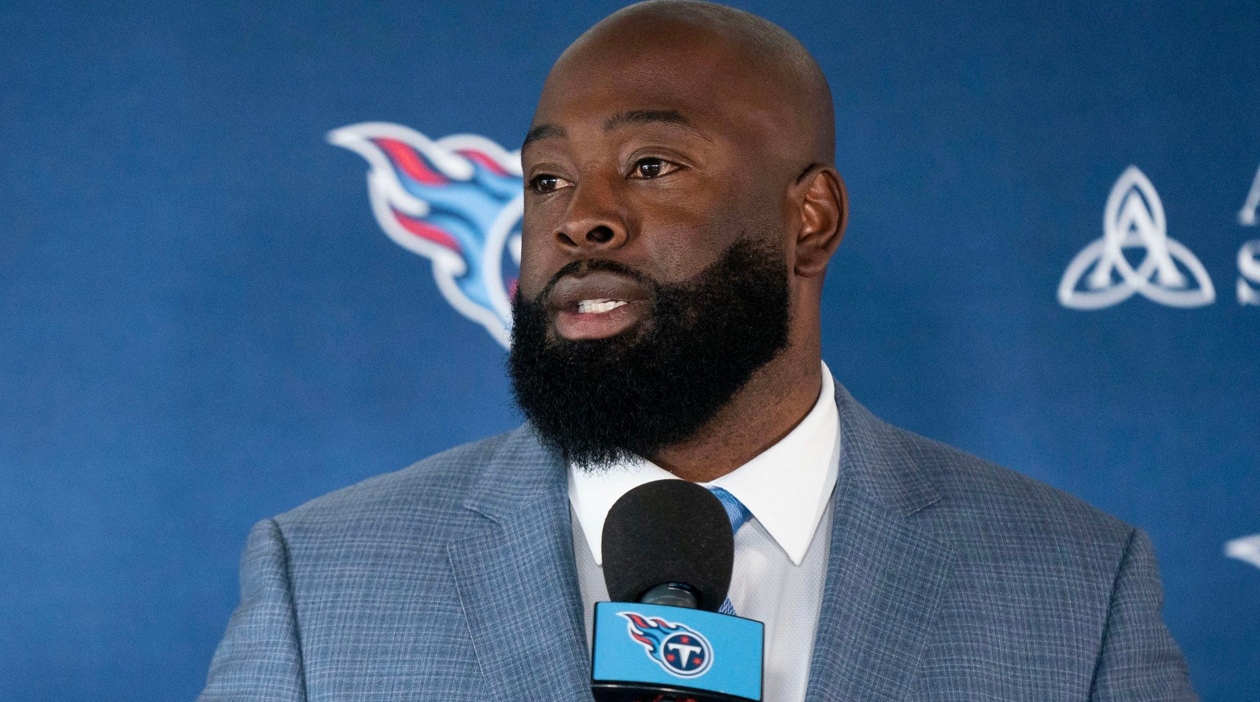 Tennessee Titans new general manager Ran Carthon responds to questions during his introductory press conference at Ascension Saint Thomas Sports Park Friday, Jan. 20, 2023, in Nashville, Tenn. Nas Titans Carthon 028