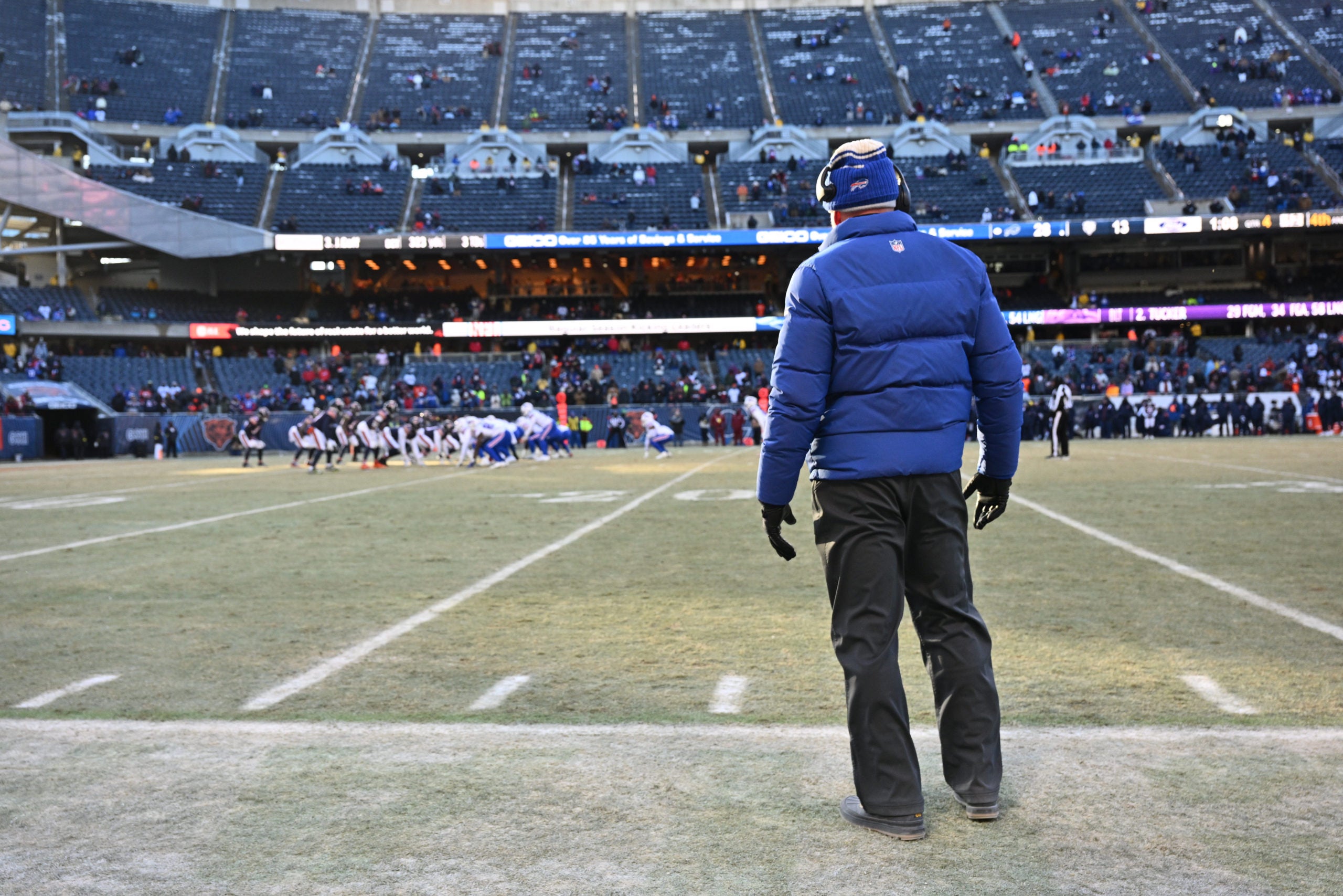 Dec 24, 2022; Chicago, Illinois, USA;  Buffalo Bills head coach Sean McDermott watches his team play against the Chicago Bears in the second half at Soldier Field. Buffalo defeated Chicago 35-13. Mandatory Credit: Jamie Sabau-USA TODAY Sports
