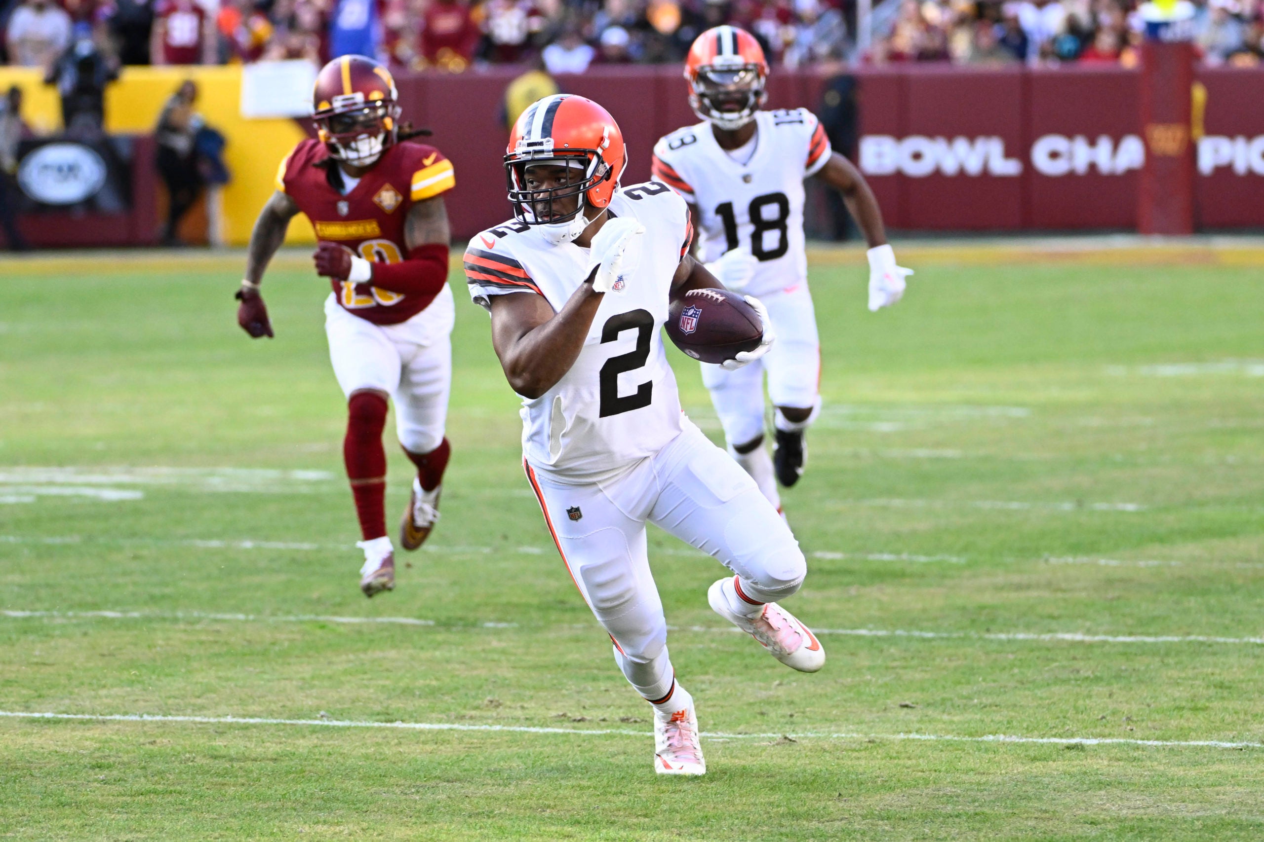 Jan 1, 2023; Landover, Maryland, USA; Cleveland Browns wide receiver Amari Cooper (2) runs after a catch against the Washington Commanders during the second half at FedExField. Mandatory Credit: Brad Mills-USA TODAY Sports