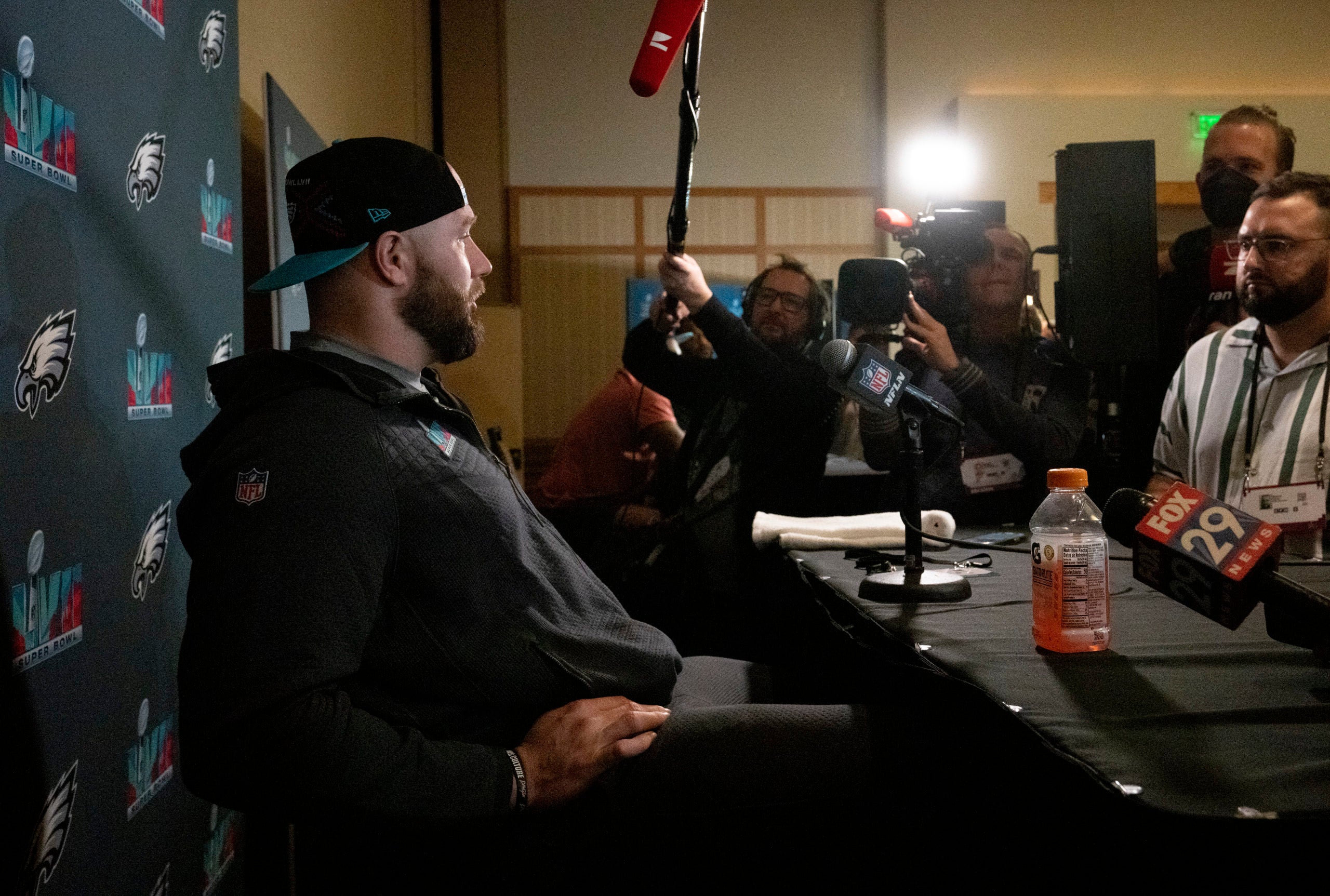 Feb 7, 2023; Scottsdale, AZ, USA; Philadelphia Eagles offensive tackle Lane Johnson during a press conference at the Sheraton Grand before Super Bowl LVII against the Kansas City Chiefs. Mandatory Credit: Cheryl Evans-Chow-USA TODAY Sports
