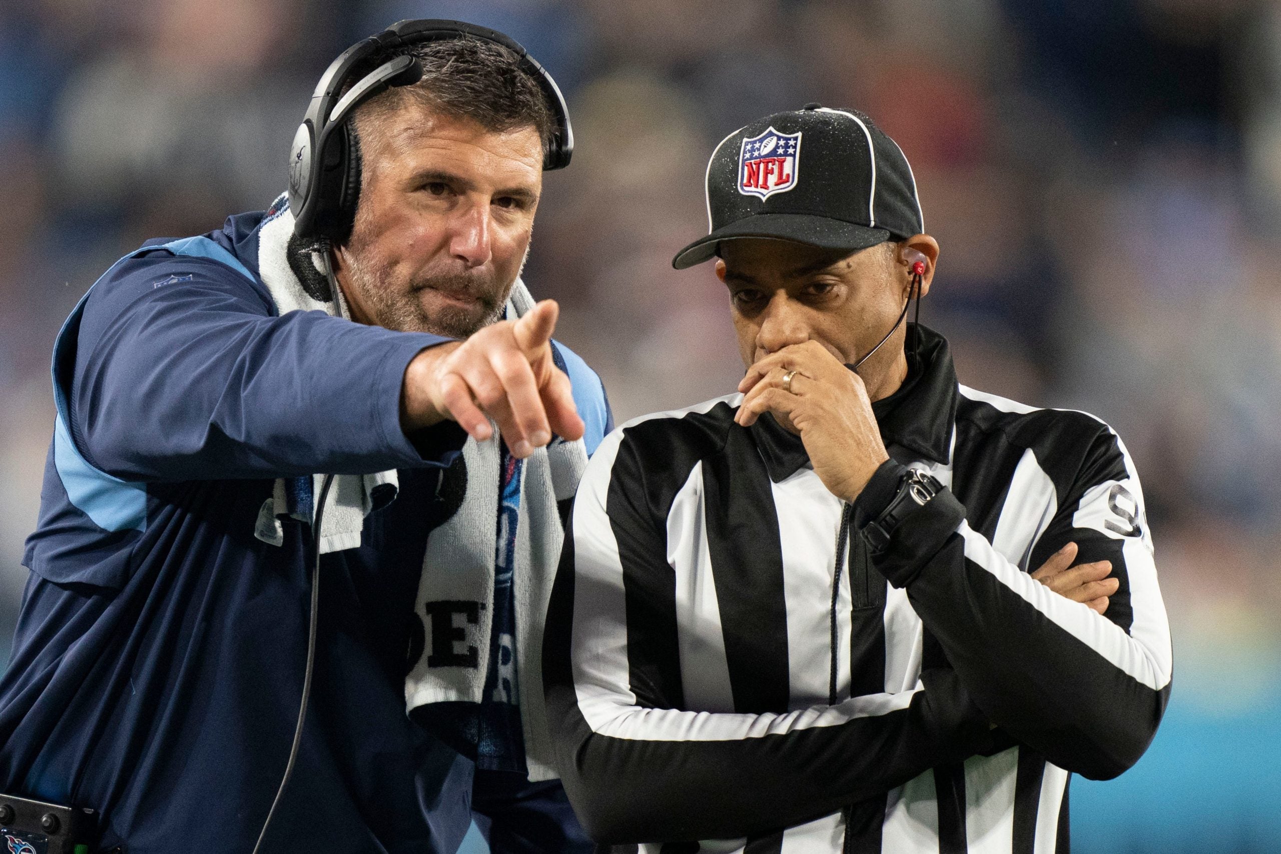Tennessee Titans head coach Mike Vrabel questions a referees call during the first quarter of the game against the Dallas Cowboys at Nissan Stadium Thursday, Dec. 29, 2022, in Nashville, Tenn. Nfl Dallas Cowboys At Tennessee Titans