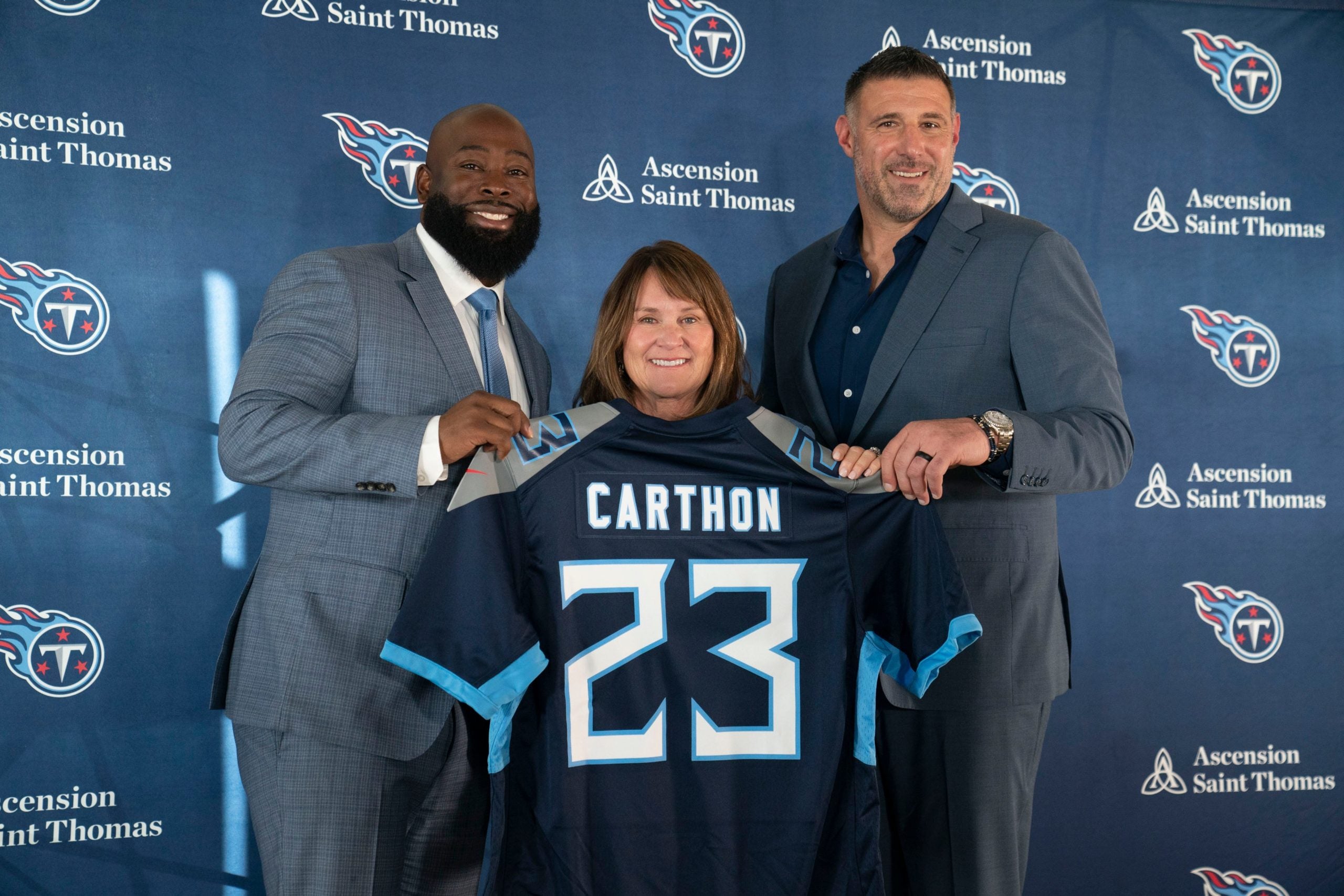 Tennessee Titans new general manager Ran Carthon poses with controlling owner Amy Adams Strunk and head coach Mike Vrabel during a press conference announcing Carthon's hiring at Ascension Saint Thomas Sports Park Friday, Jan. 20, 2023, in Nashville, Tenn. Nas Titans Carthon 010