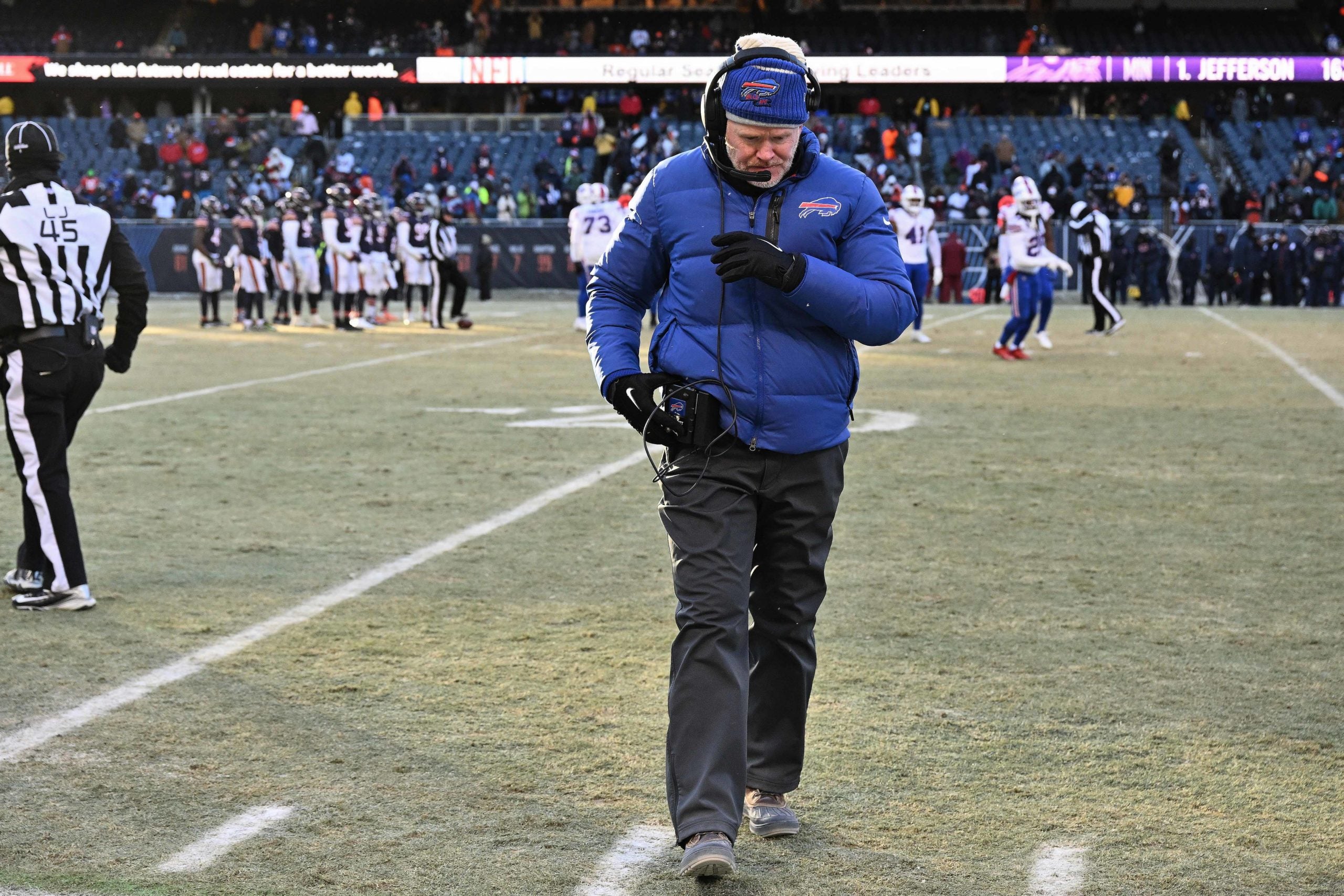 Dec 24, 2022; Chicago, Illinois, USA;  Buffalo Bills head coach Sean McDermott watches his team play against the Chicago Bears at Soldier Field. Mandatory Credit: Jamie Sabau-USA TODAY Sports