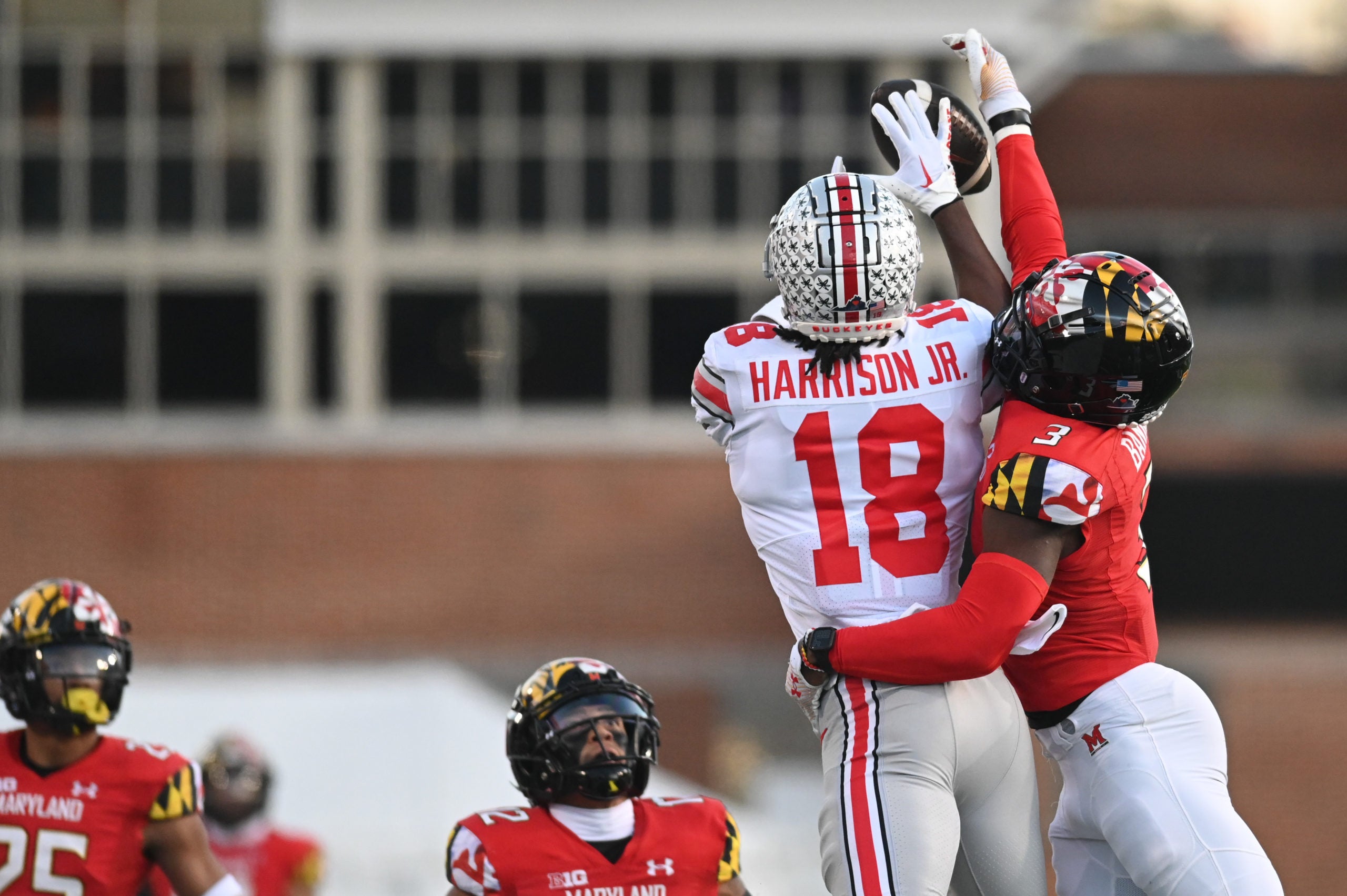 Nov 19, 2022; College Park, Maryland, USA;  Maryland Terrapins defensive back Deonte Banks (3) breaks up a pass for Ohio State Buckeyes wide receiver Marvin Harrison Jr. (18) during the first half at SECU Stadium. Mandatory Credit: Tommy Gilligan-USA TODAY Sports