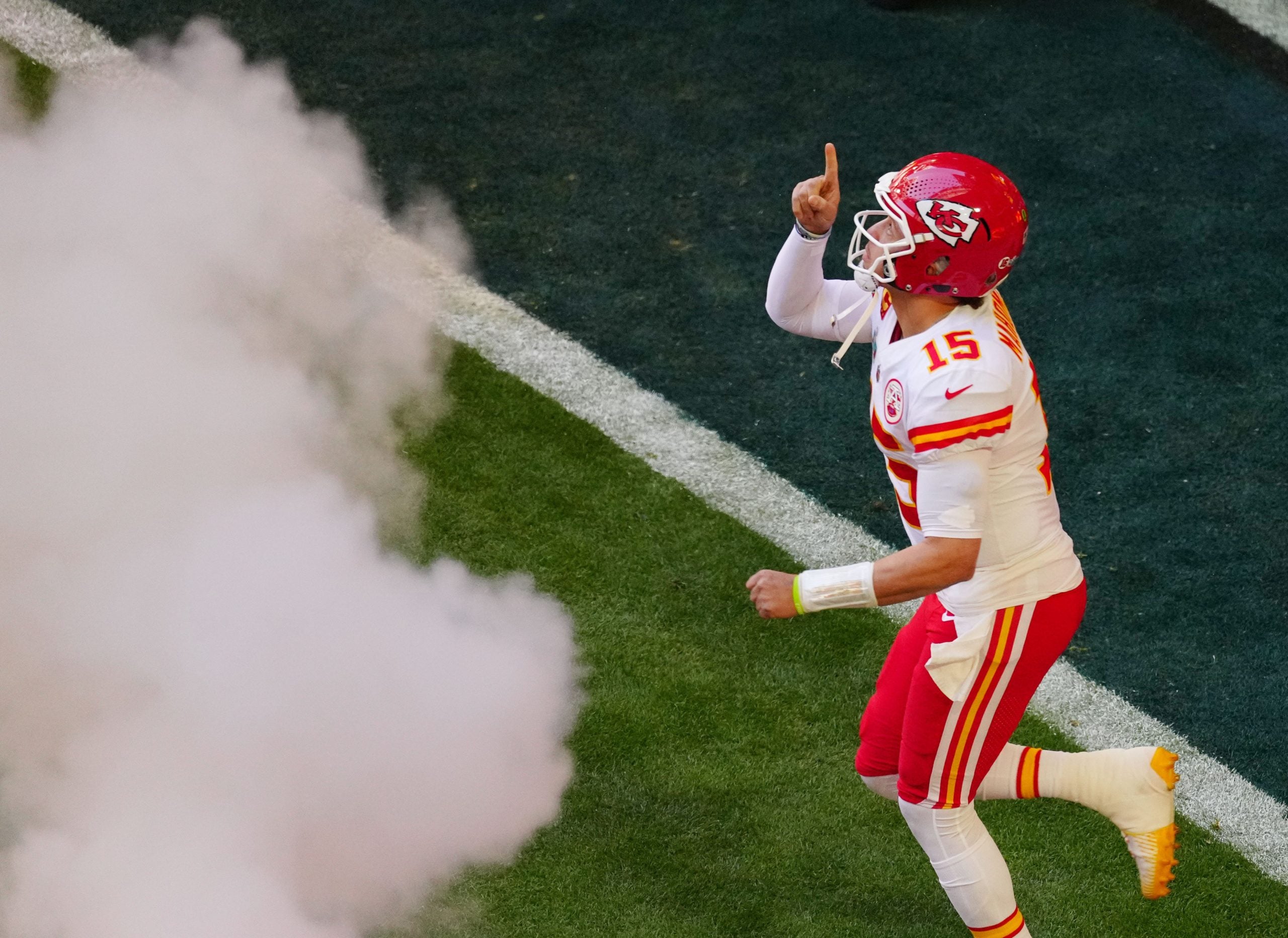 Kansas City Chiefs quarterback Patrick Mahomes (15) takes the field to play the Philadelphia Eagles in Super Bowl LVII at State Farm Stadium  in Glendale on Feb. 12, 2023. Nfl Super Bowl Lvii Kansas City Chiefs Vs Philadelphia Eagles