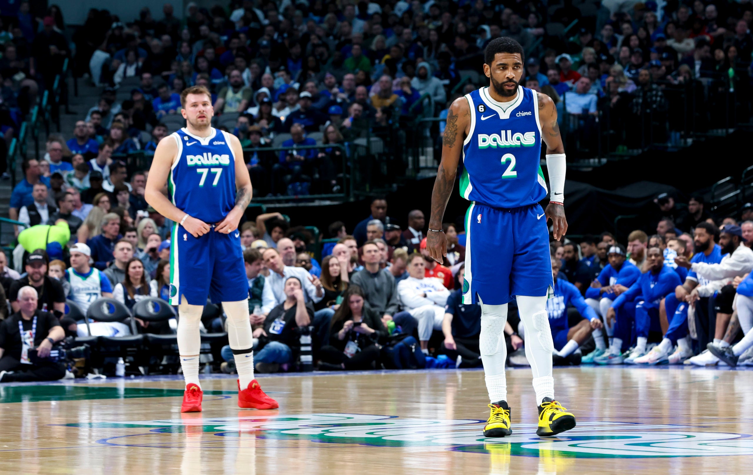 Dallas Mavericks guard Luka Doncic (77) and Dallas Mavericks guard Kyrie Irving (2) during the third quarter against the Minnesota Timberwolves at American Airlines Center. Mandatory Credit: Kevin Jairaj-USA TODAY Sports