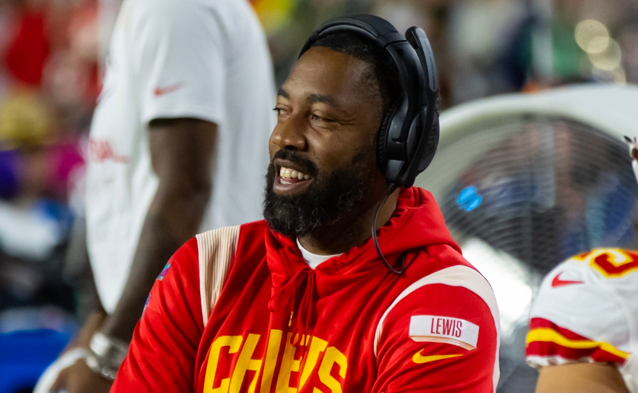 Feb 12, 2023; Glendale, Arizona, US; Kansas City Chiefs running backs coach Greg Lewis against the Philadelphia Eagles during Super Bowl LVII at State Farm Stadium. Mandatory Credit: Mark J. Rebilas-USA TODAY Sports