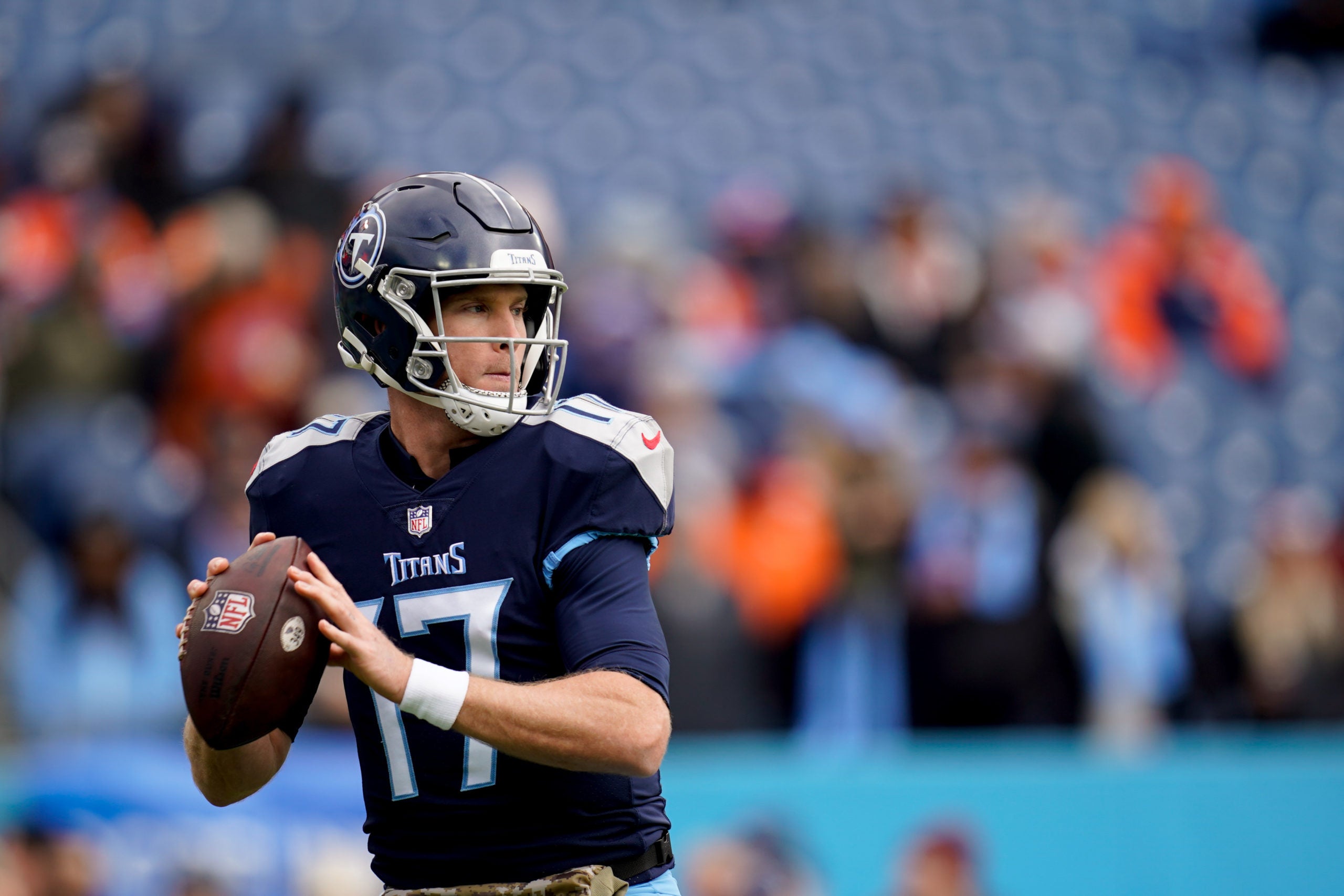 Nov 13, 2022; Nashville, Tennessee, USA; Tennessee Titans quarterback Ryan Tannehill (17) warms up before facing the Denver Broncos at Nissan Stadium. Mandatory Credit: Andrew Nelles-USA TODAY Sports
