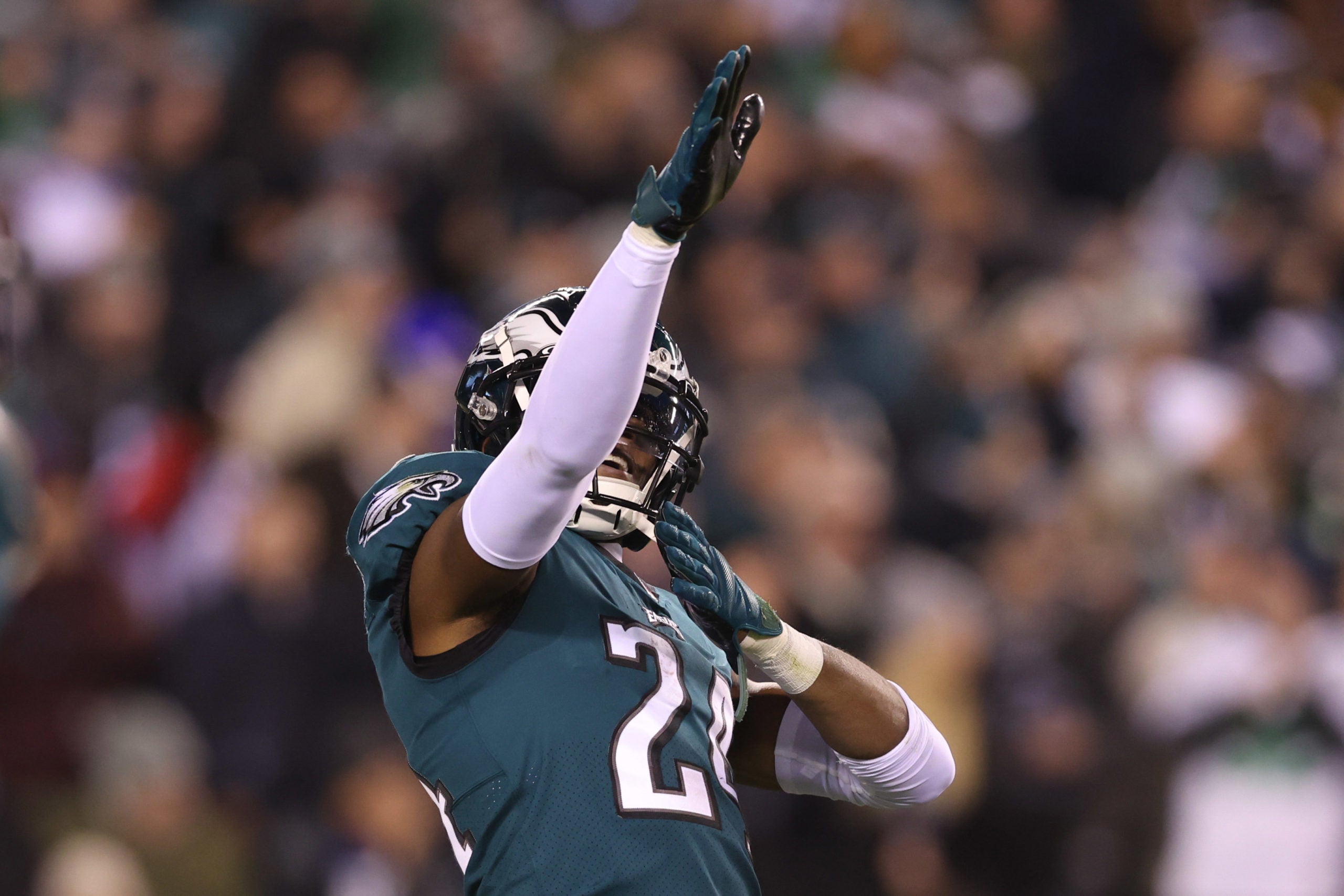 Philadelphia, Pennsylvania, USA; Philadelphia Eagles cornerback James Bradberry (24) reacts in the first half against the New York Giants during an NFC divisional round game at Lincoln Financial Field.