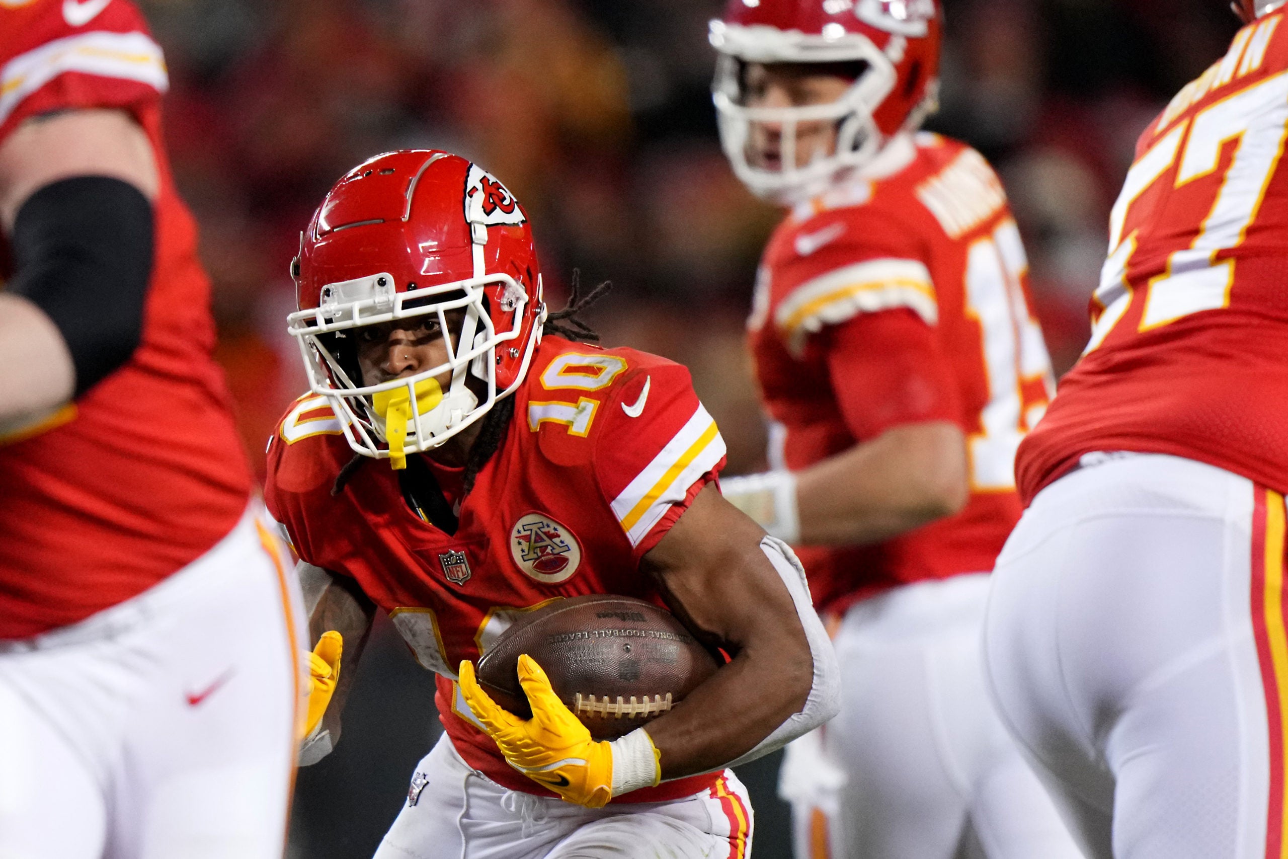 Jan 29, 2023; Kansas City, Missouri, USA; Kansas City Chiefs running back Isiah Pacheco (10) carries the ball in the third quarter during the AFC championship NFL game between the Cincinnati Bengals and the Kansas City Chiefs, Sunday, Jan. 29, 2023, at GEHA Field at Arrowhead Stadium in Kansas City, Mo.  The Kansas City Chiefs won, 23-20. Mandatory Credit: Kareem Elgazzar-USA TODAY Sports