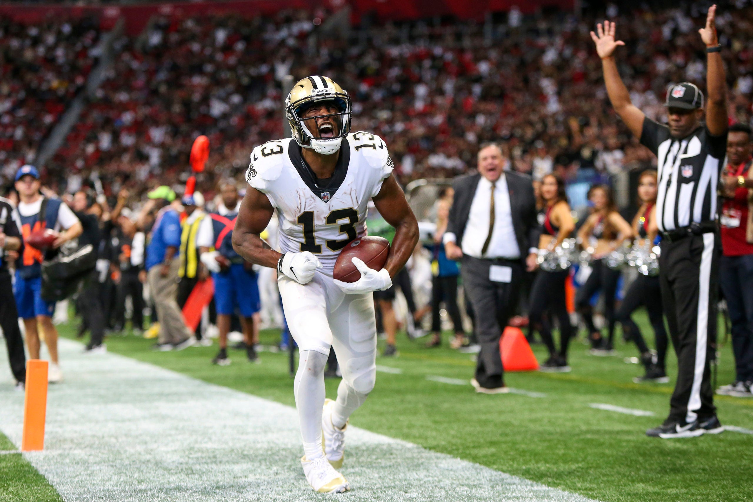 Sep 11, 2022; Atlanta, Georgia, USA; New Orleans Saints wide receiver Michael Thomas (13) celebrates after a touchdown against the Atlanta Falcons in the fourth quarter at Mercedes-Benz Stadium. Mandatory Credit: Brett Davis-USA TODAY Sports