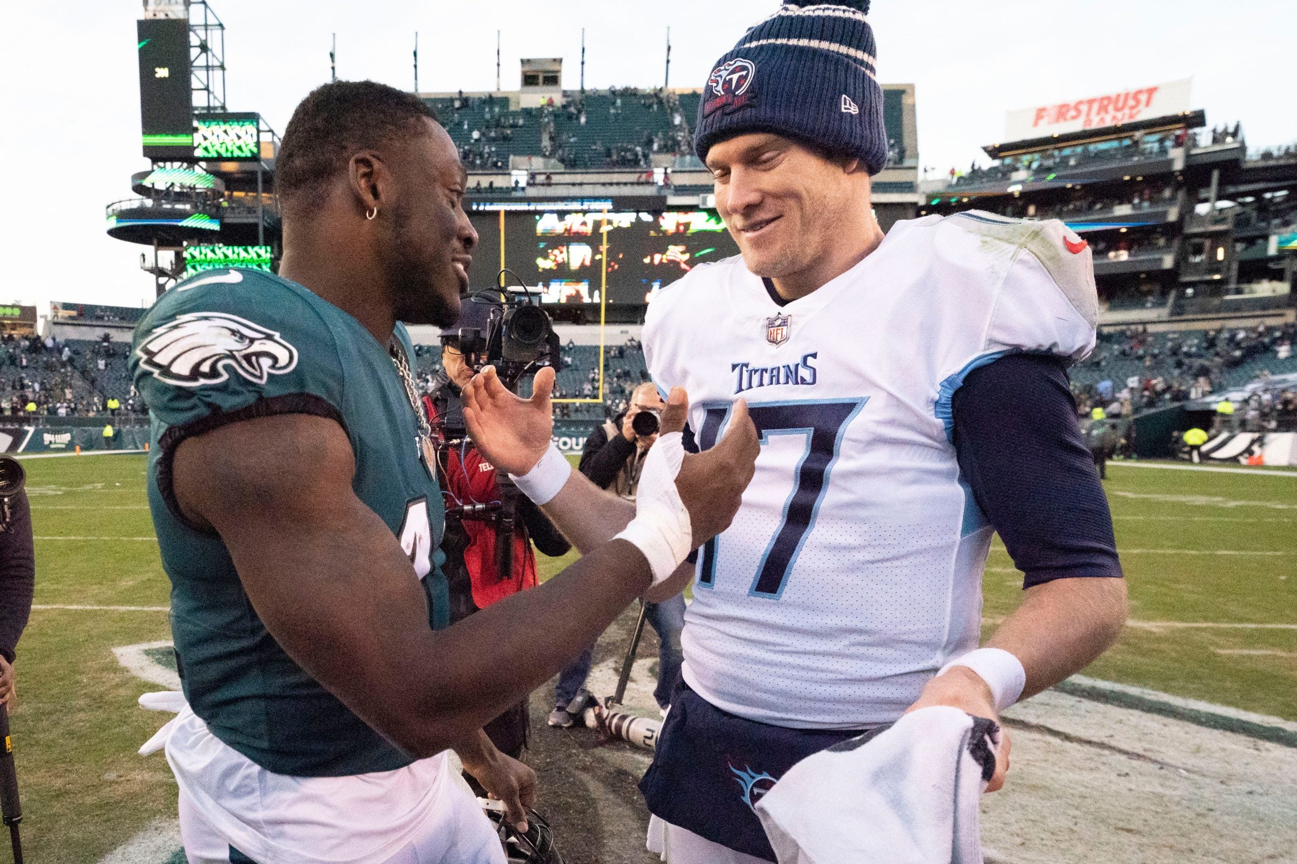 Philadelphia Eagles wide receiver A.J. Brown (11) and Tennessee Titans quarterback Ryan Tannehill (17) great each other after their game at Lincoln Financial Field Sunday, Dec. 4, 2022, in Philadelphia, Pa. The Philadelphia Eagles defeated the Tennessee Titans 35 to 10.
