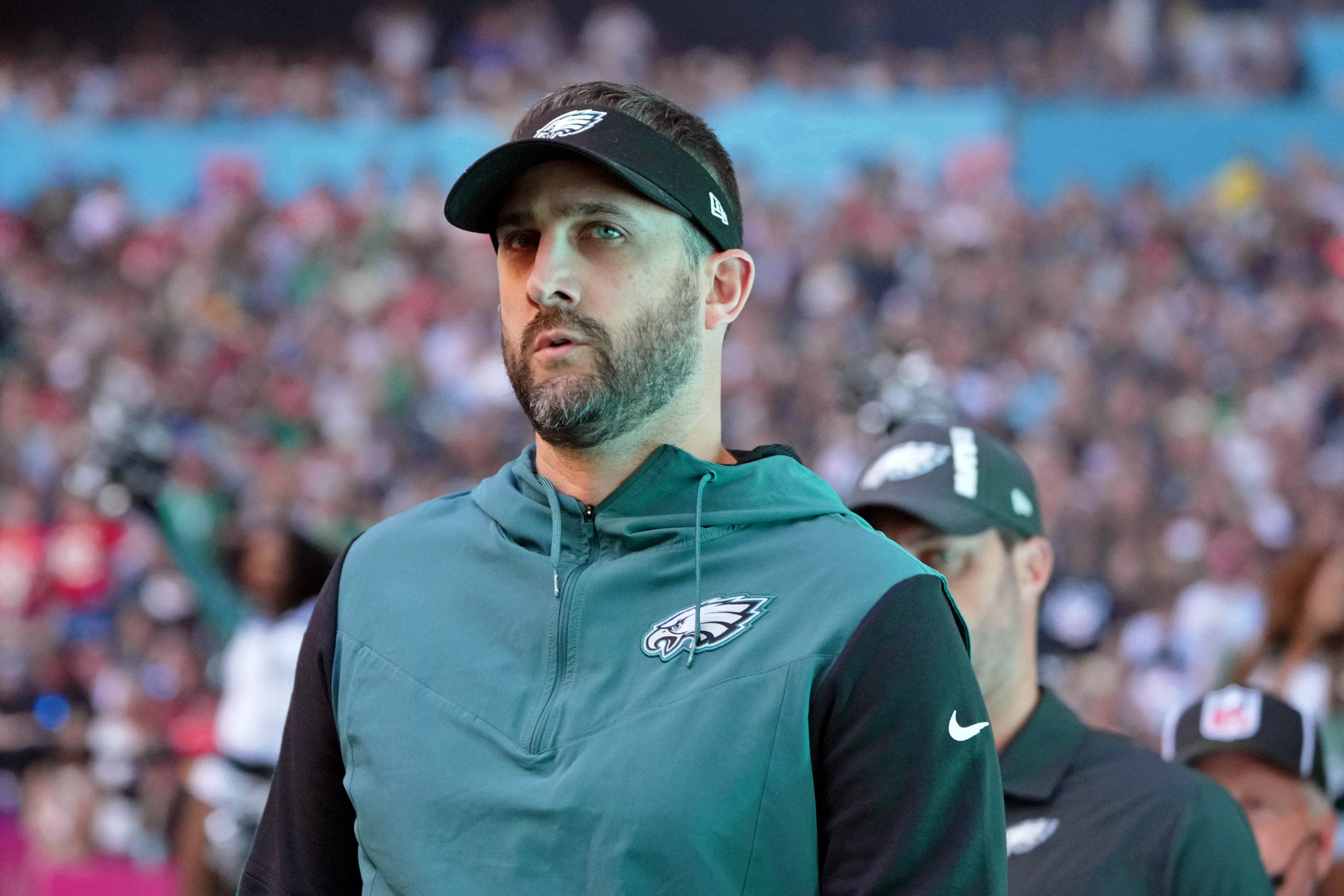 Glendale, Arizona, US; Philadelphia Eagles head coach Nick Sirianni walks on the field before Super Bowl LVII against the Kansas City Chiefs at State Farm Stadium.