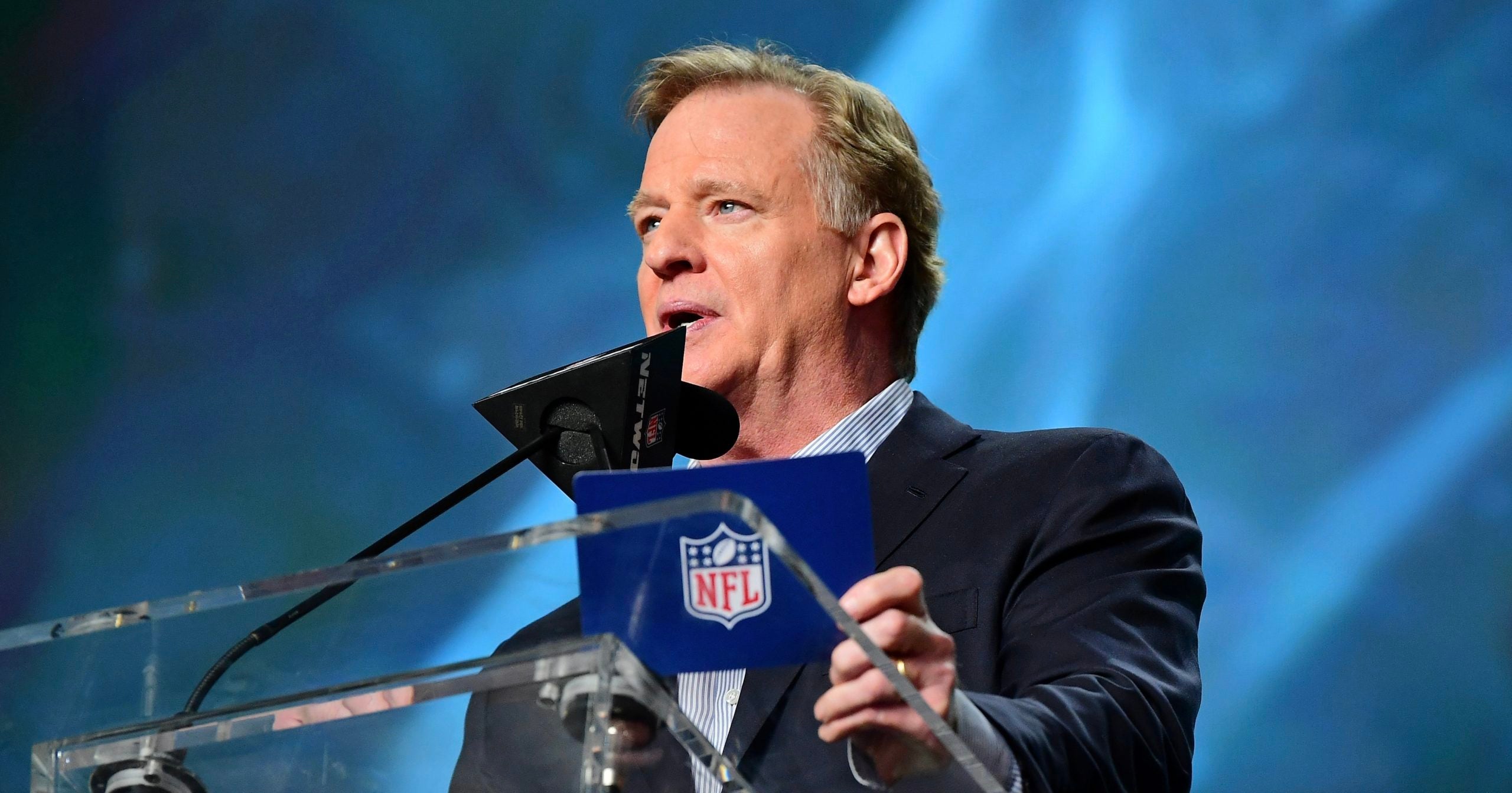 Apr 28, 2022; Las Vegas, NV, USA; NFL commissioner Roger Goodell speaks during the first round of the 2022 NFL Draft at the NFL Draft Theater. Mandatory Credit: Gary Vasquez-USA TODAY Sports